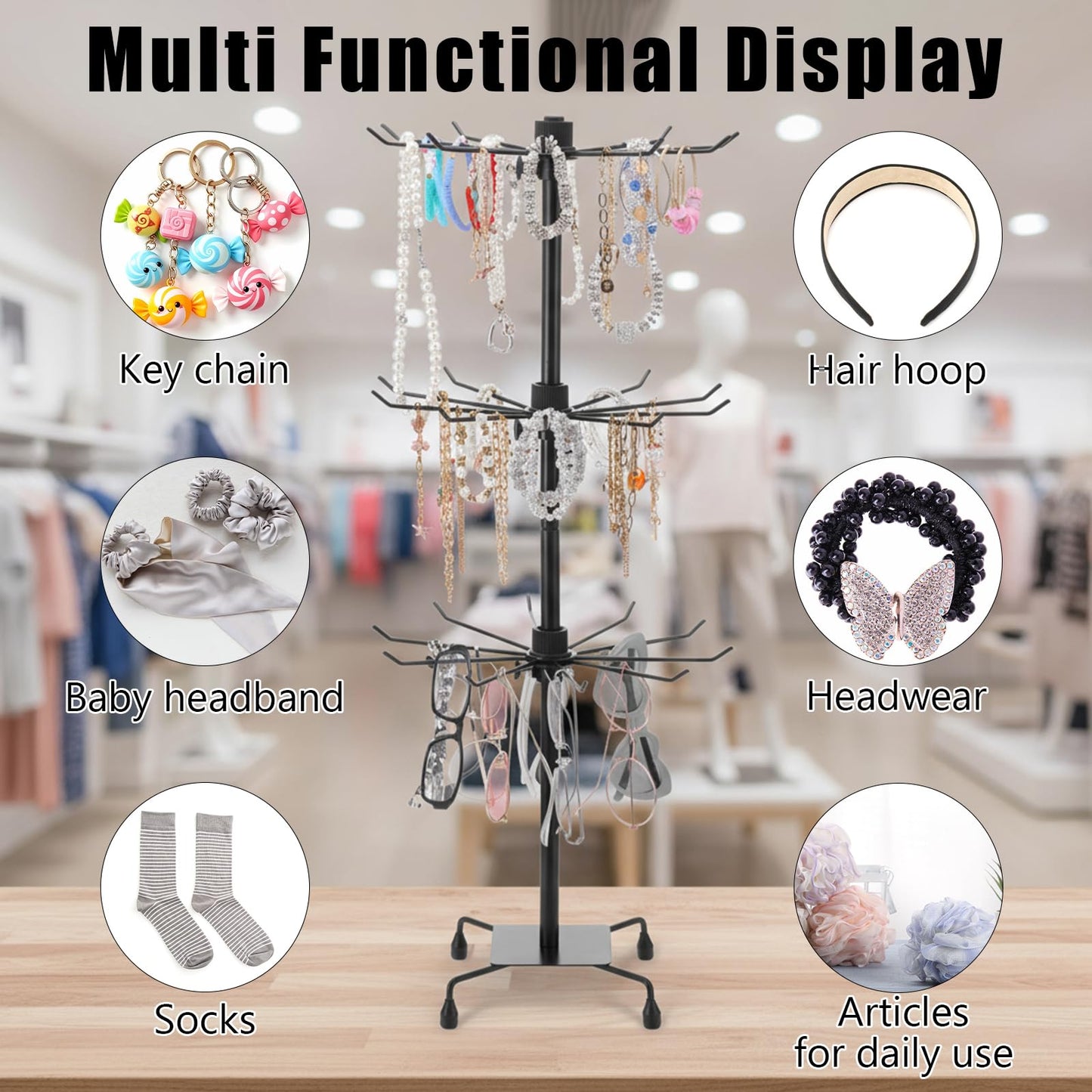 Kifmurase 2PCS Rotating Display Stand Metal Spinner Display Rack with Hooks Adjustable Height Holders for Earrings Necklace Key Rings, 3 Tiers Retail Vendor Jewelry Display Rack(Black)