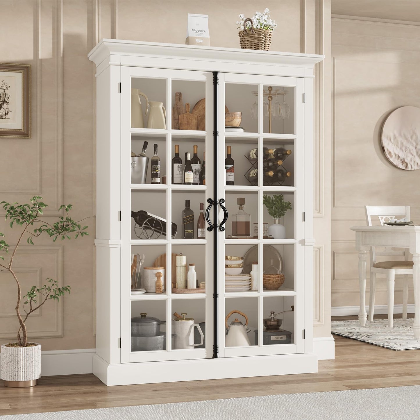 QUW Modern 65" Display Cabinet, 5-Tier Bookcase with Tempered Glass Door, Farmhouse Curio Cabinet with Adjustable Shelves, Tall Storage Cabinet for Office, Kitchen, Living Room, White