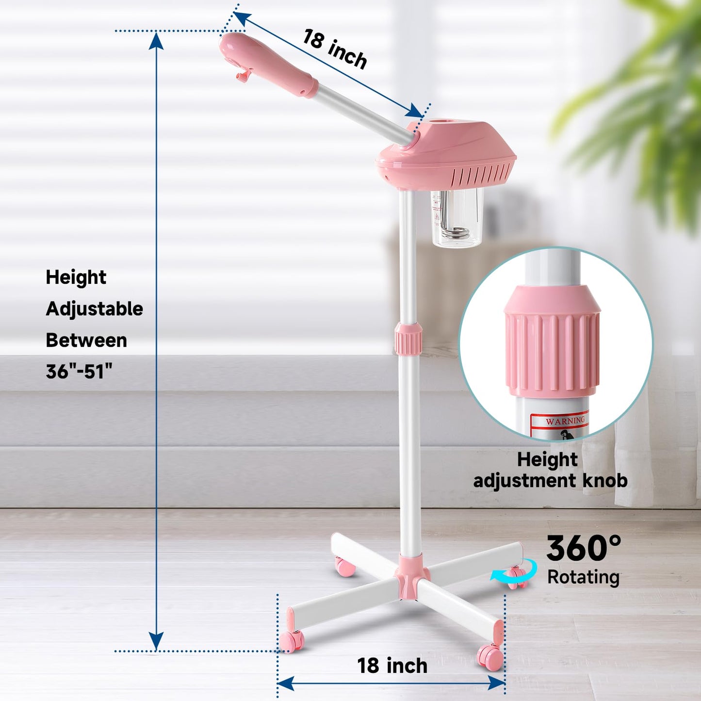 Professional Facial Steamer, Face Steam on Wheels, Estheticians Steamer with More Steam for Moisturizing and Hydration, Adjustable Height and Angle for Spa Beauty, Home Use, Pink