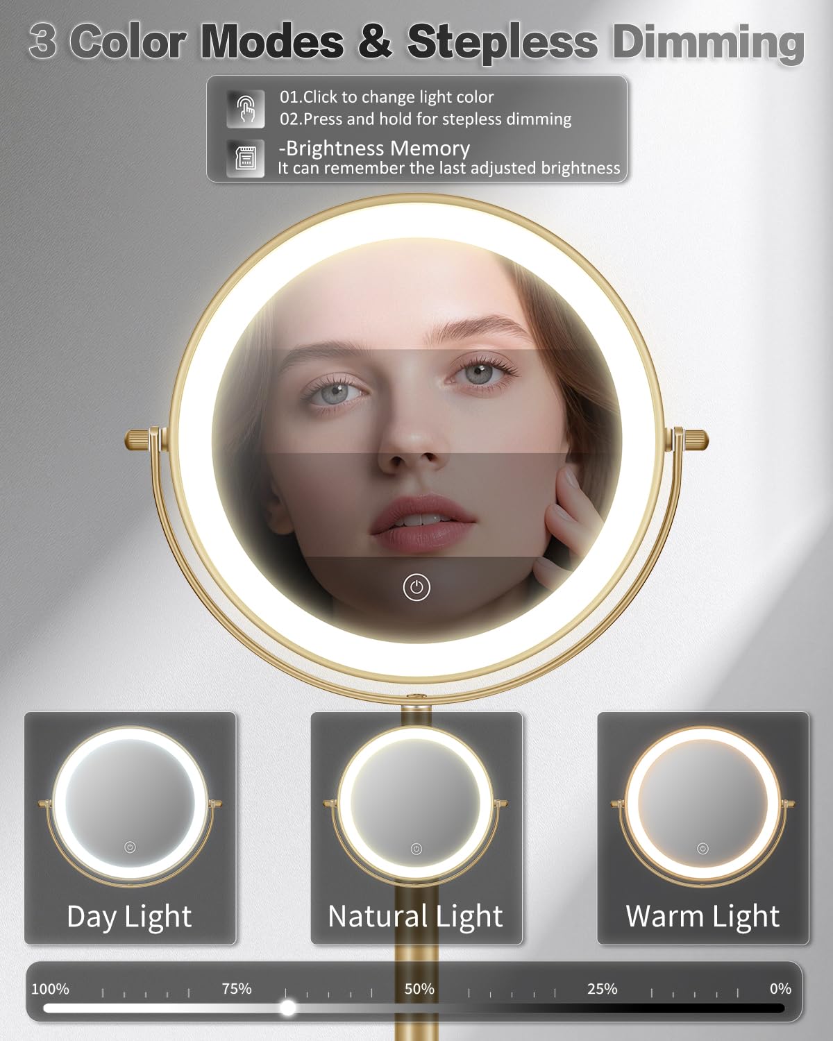 VFD 30X/1X Makeup Mirror with Lights, Height Adjustable Lighted Magnifying Vanity Mirror with 3 Lighting and Adjustable Brightness, 3000mAh Rechargeable Double Sided