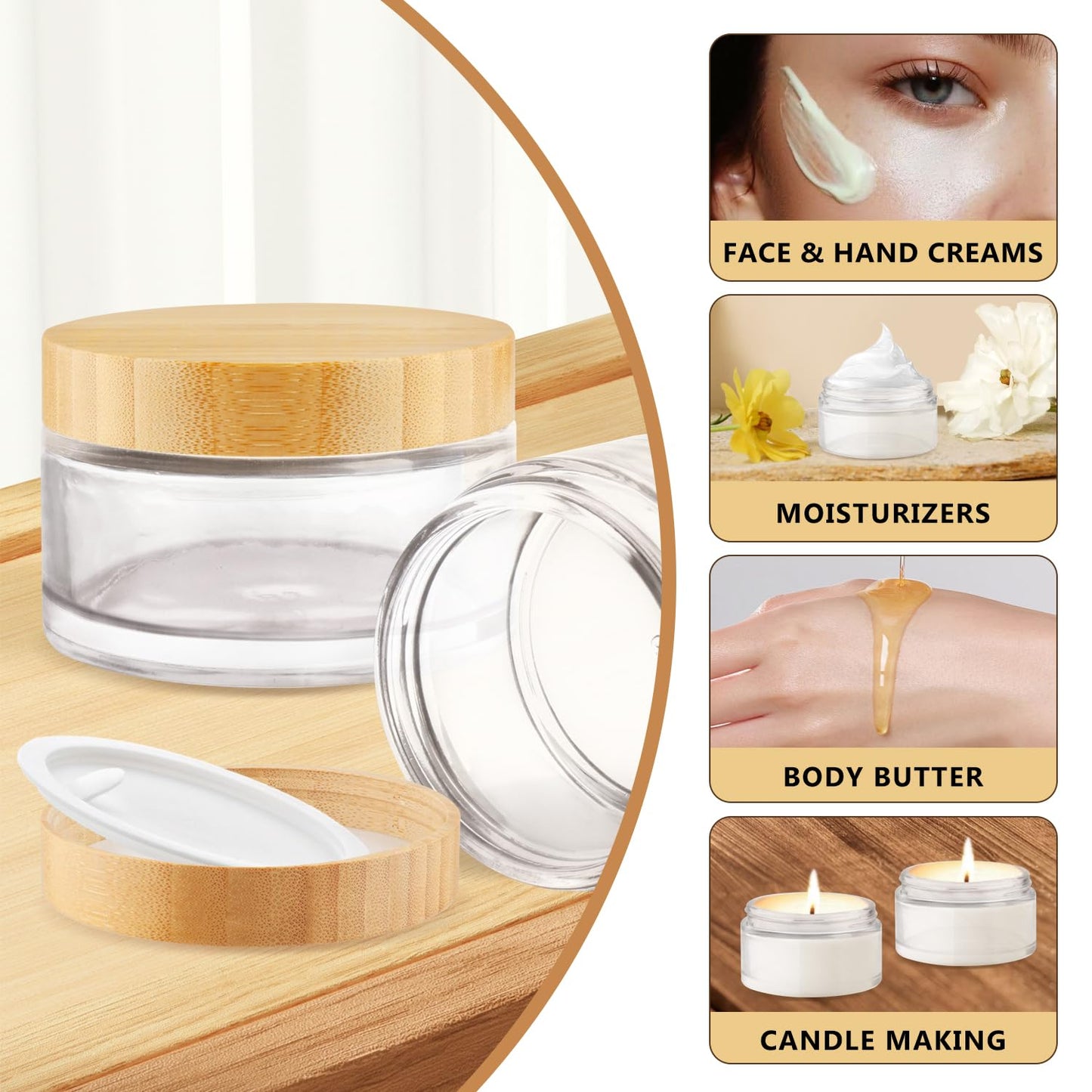 4 Pack 200ml/6.8 oz Glass Jars,Refillable Round Wide-mouth Jars Pot with Bamboo Lids,Empty Cosmetic Storage Containers for Lotion,Spice,Powder,Body Butter,Moisturiser,Cream,Candle Making (Clear)