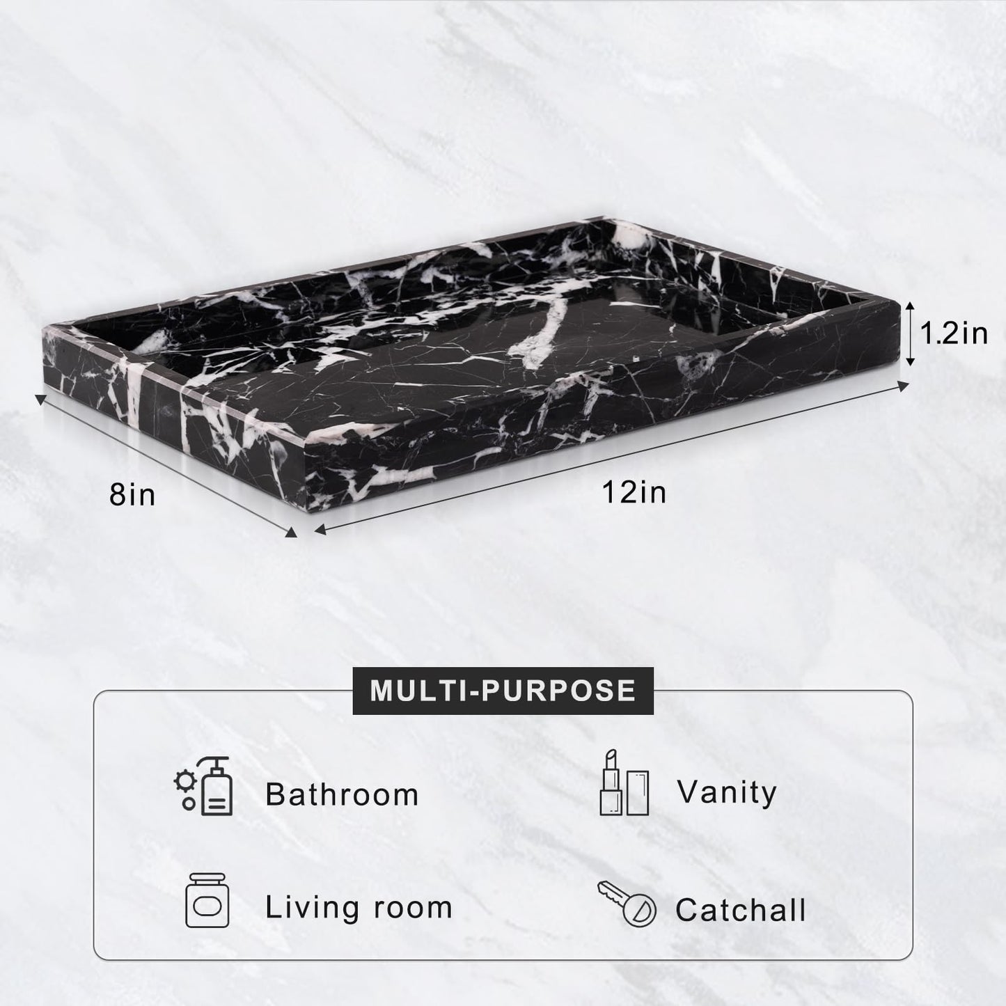 Homaura Marble Bathroom Tray for Countertop & Home Decor, Natural Decorative Marble Tray for Jewelry & Perfume Organizer, Luxury Stone Vanity Trays for Dresser, Kitchen Counter, 12" x 8", Black
