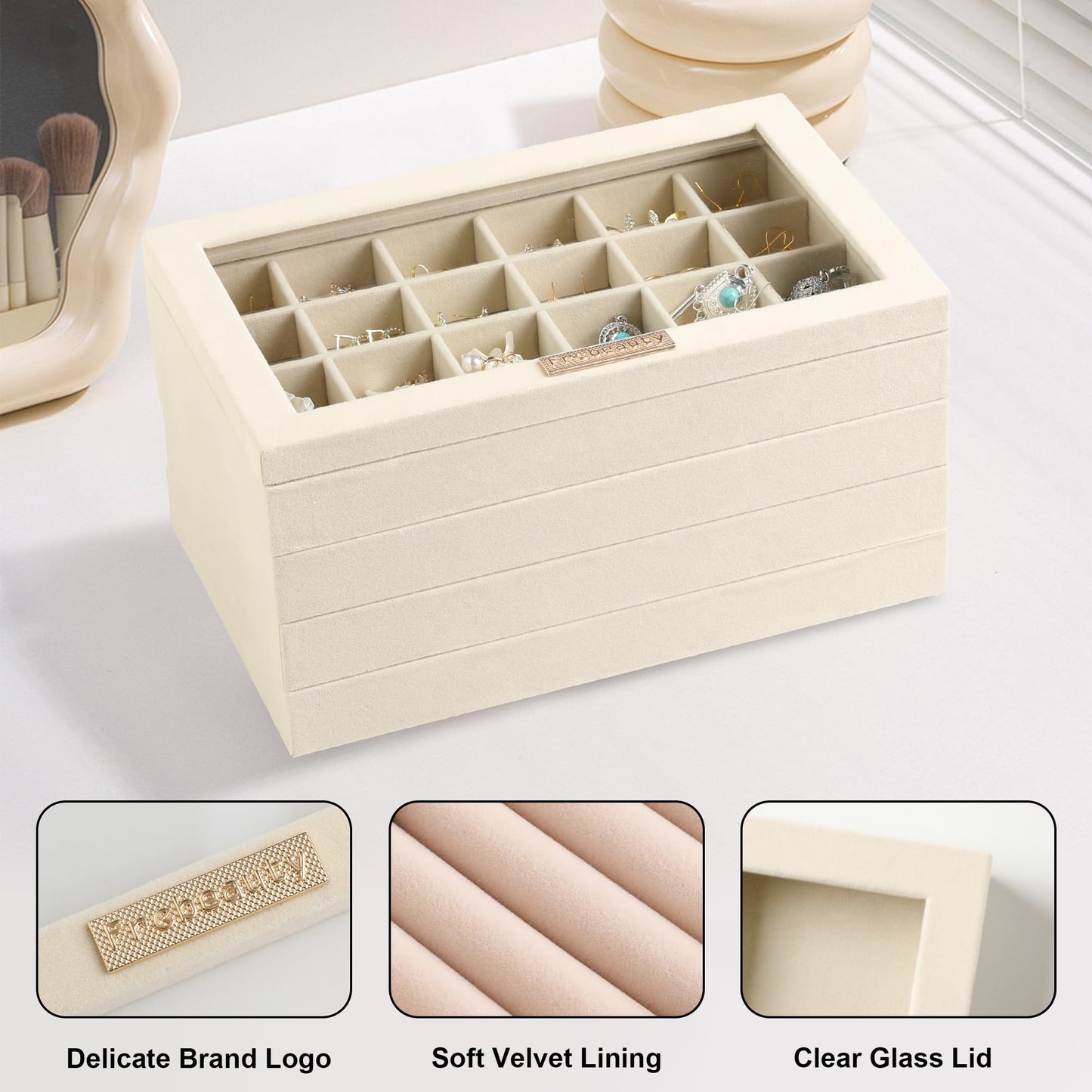 Frebeauty Earring Holder Stackable Jewelry Trays,Velvet Drawer Jewelry Organizer with Glass Lid, 5 in 1 Jewelry Box for Earrings Rings Studs,10.5 x 6.5 x 5.55 Inches Gift for Women (Beige)