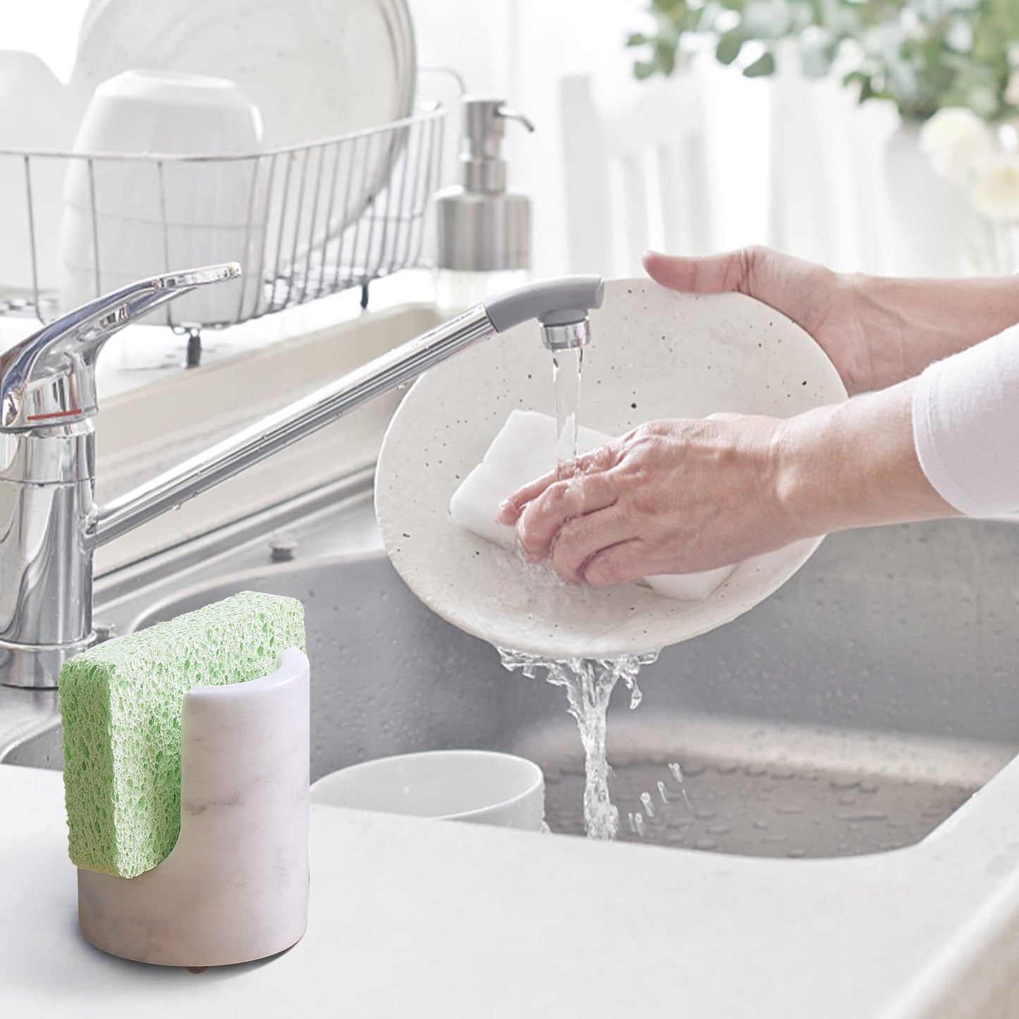 EVERBBKING Marble Sponge Holder Sink Sponge Caddy for kichen counter Drying Rack for Sink Organizer Modern Stone Kitchen Sink Caddy