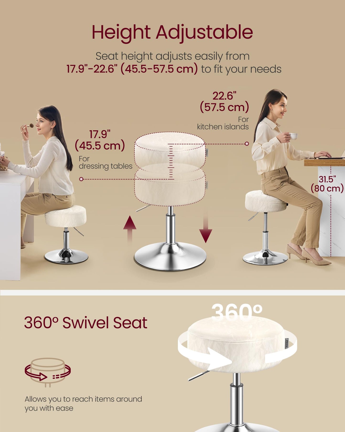 VASAGLE Adjustable Bar Stool, 360° Swivel, PU Leather, Thick Cushion, for Kitchen, Dining Room Bedroom, Modern, Cream White
