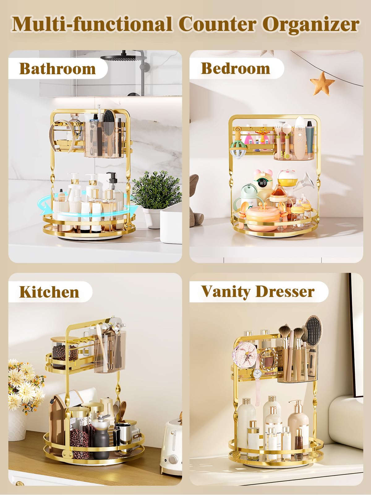 DUANFEE 360° Rotating Makeup Organizer for Vanity, 2-Tier Gold Bathroom Organizer Countertop with Makeup Brush Holder & Jewelry Hooks, Spinning Bathroom Counter Organizer for Perfume Skincare Dresser