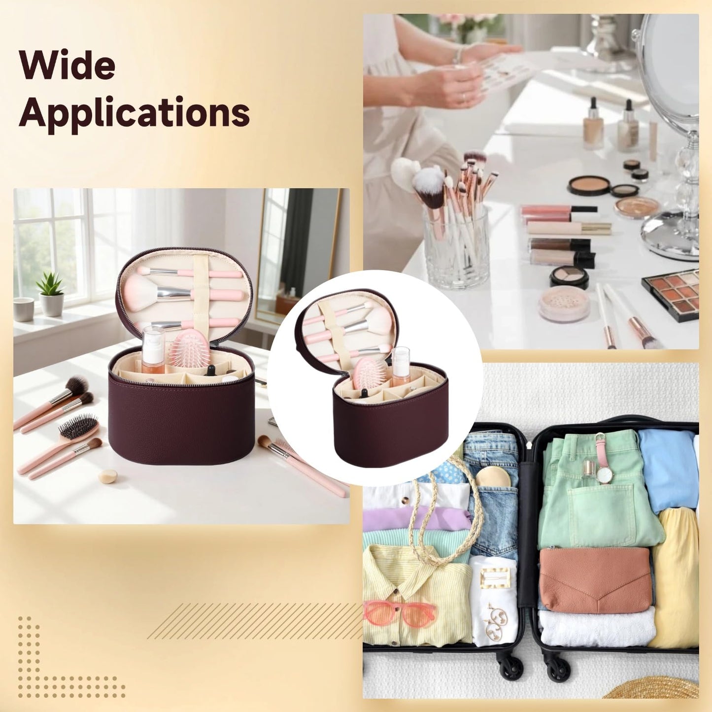 Makeup Vanity Bag for Women - Large Capacity Cosmetic Organizer with Removable Liner, Waterproof PU Leather Skincare Bag, Portable Chic Cosmetic Make Up Case for Skincare, Accessories, Burgundy