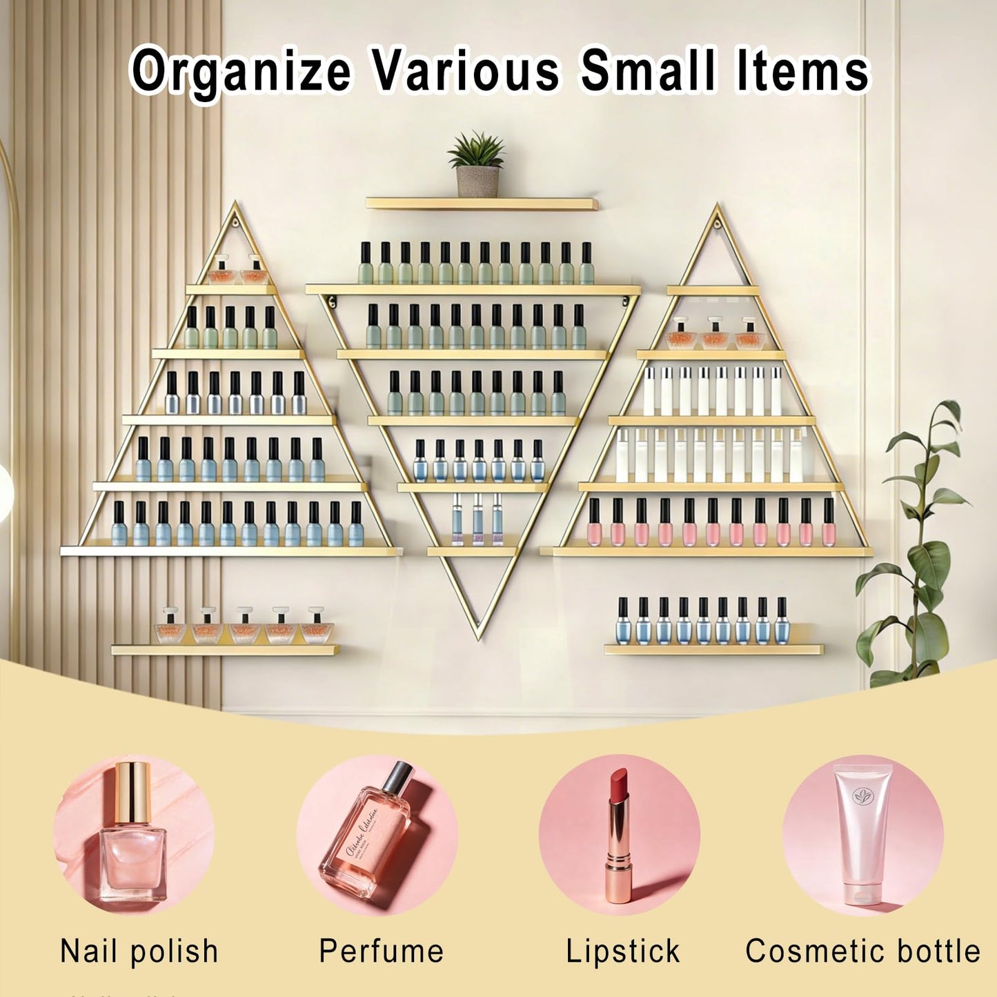 LXSEHN Metal Wall Mounted Nail Polish Rack, 6 Sets Triangular Cosmetic Display Racks, Essential Oil Bottles Shelf Organizer, Gold Storage Lipstick Perfume Holder for Spa Nail Salon Shop Home