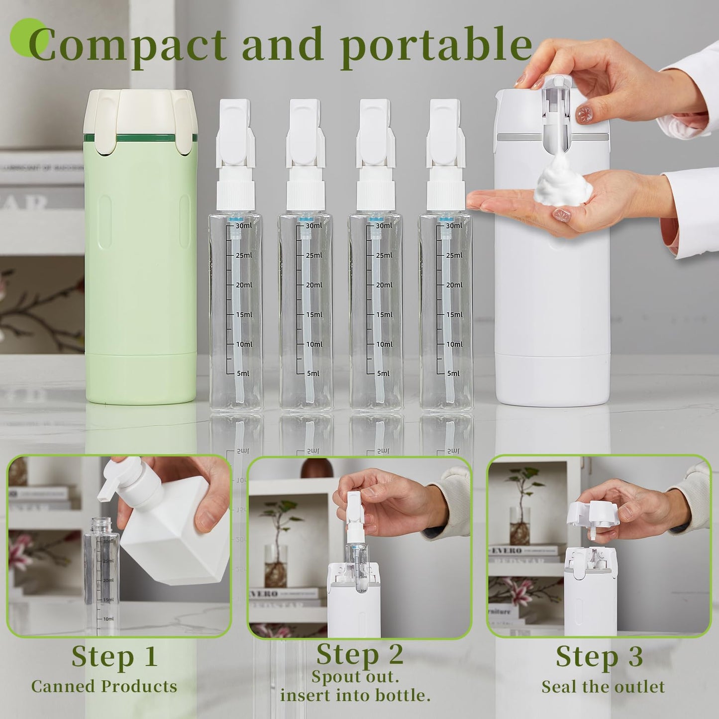 4 in 1 Travel Dispenser Bottle - Refillable Leak Proof and Portable for Shampoo, Conditioner, Shower Gel & Toiletries - Perfect for Vacation, Camping & Gym. (White+Green)