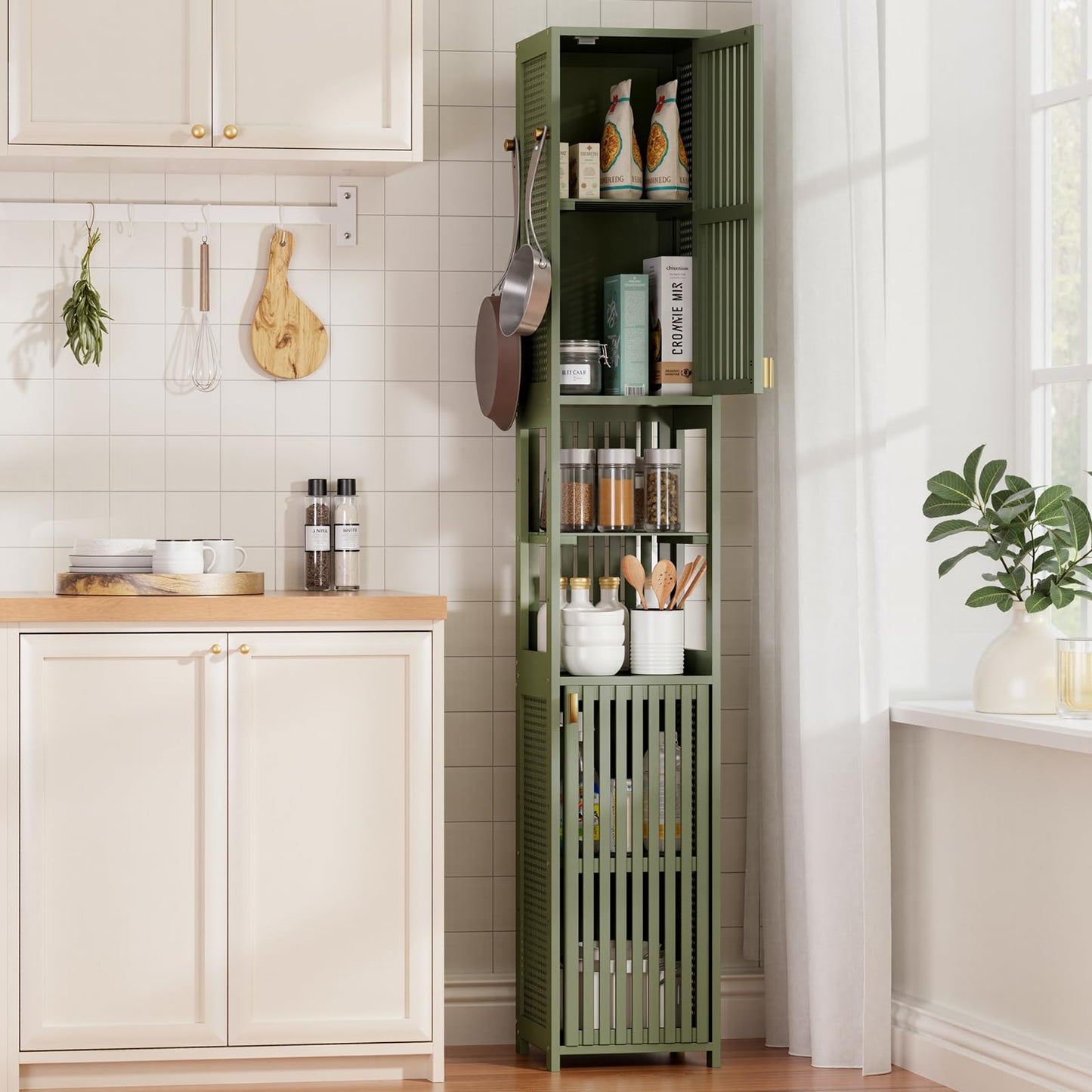 Amazer Tall Bathroom Storage Cabinet 70'', Freestanding Cabinet Storage with Rattan Door and Adjustable Shelves, Bamboo Narrow Storage Cabinet Organizer for Living Room Kitchen, Forest Green