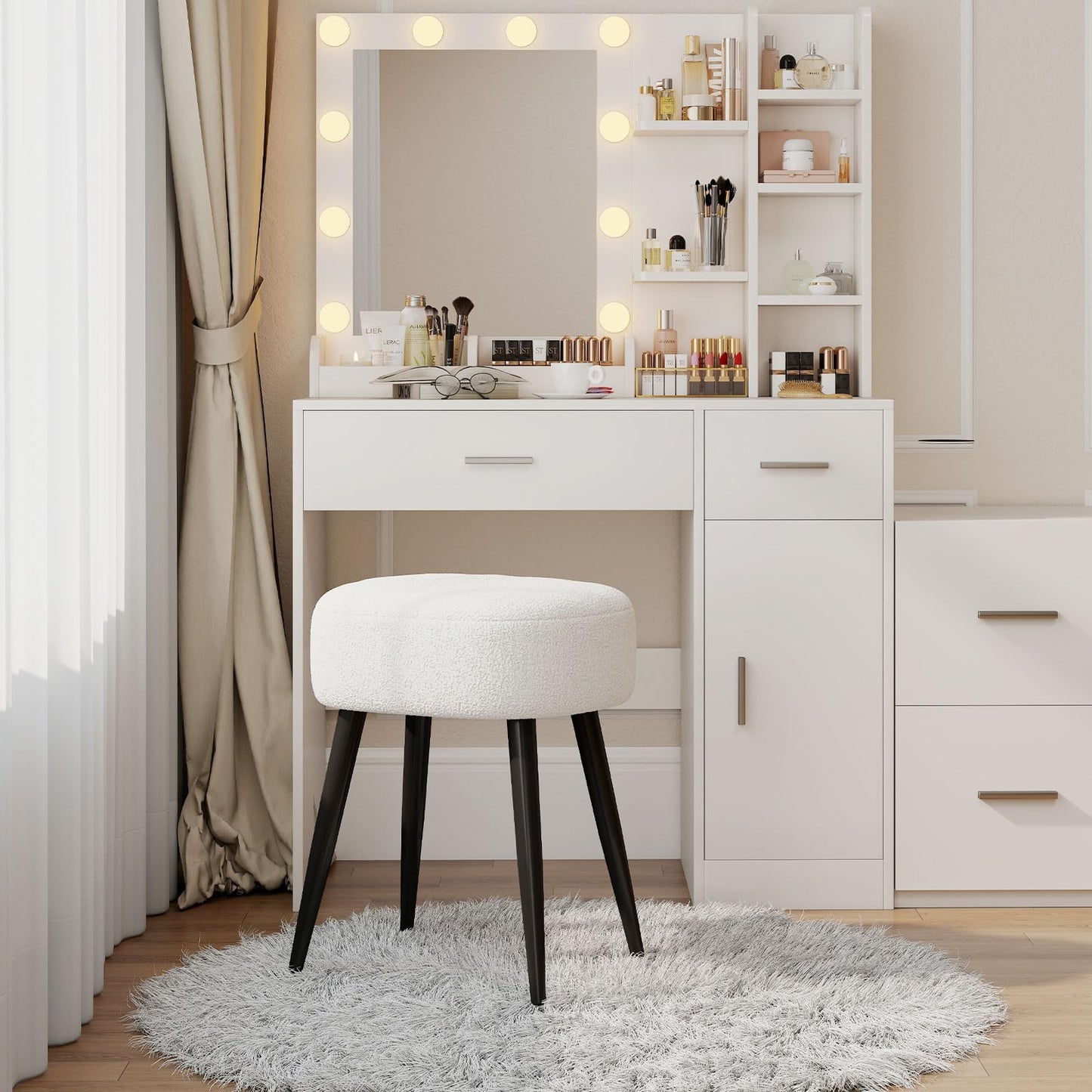 Permory Teddy Velvet Vanity Stool, Upholstered Makeup Chair with Sturdy Metal Legs, Soft Padded Ottoman Footrest, Modern Accent Stool for Bedroom, Living Room, Entryway (White, 17.7in H)