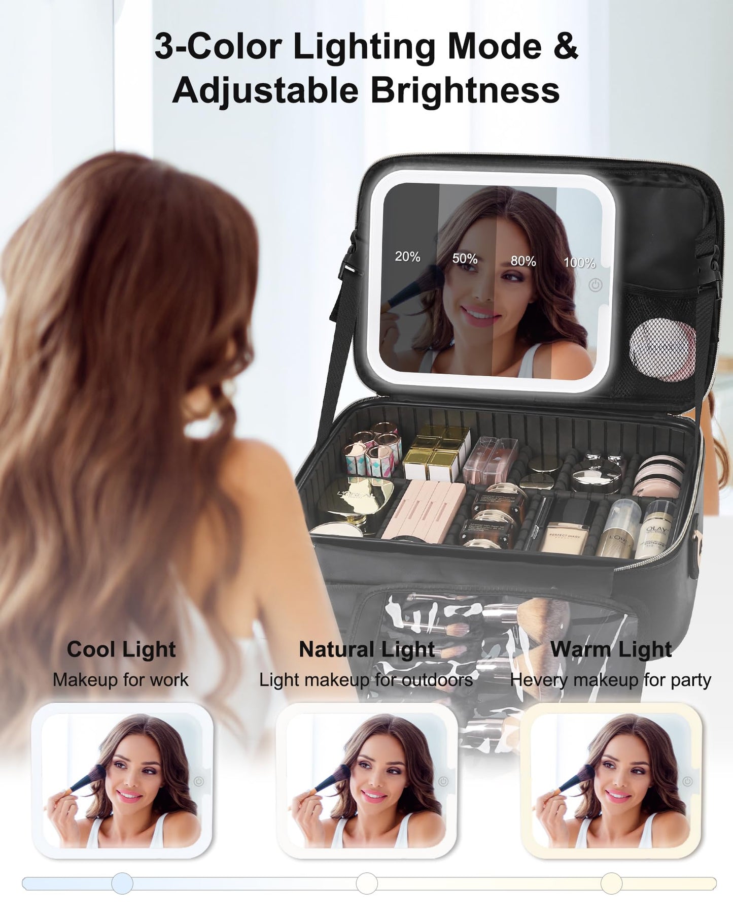 Relavel Makeup Train Case With LED Mirror, Professional Travel Cosmetic Bag with Removable Partitions,Compact Makeup Organizer, Waterproof Toiletry Case for Women, Black