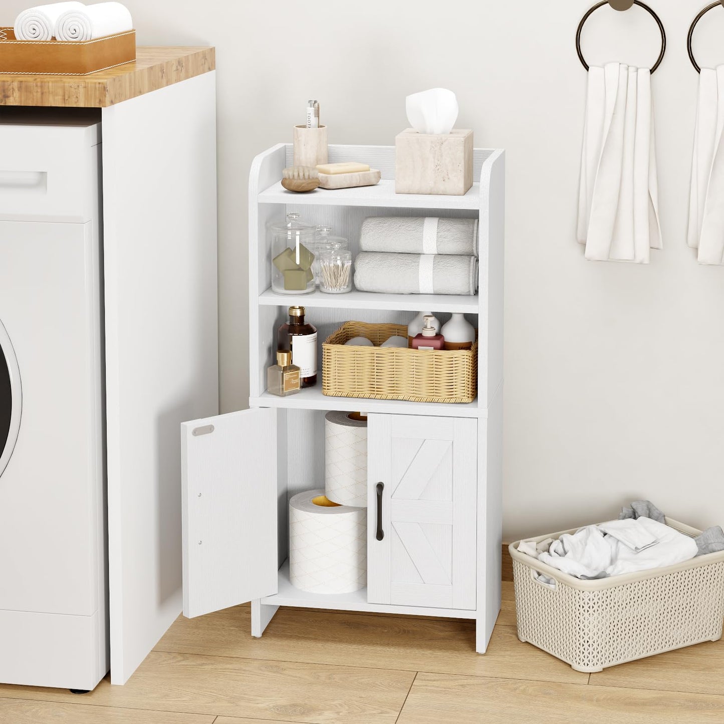 AURINEST Small Bathroom Storage Cabinet, Farmhouse Freestanding Toilet Paper Storage with 2 Doors and Shelves, Slim Bathroom Storage Cabinet for Small Spaces, White, 7.9" D x 14.2" W x 29.5" H