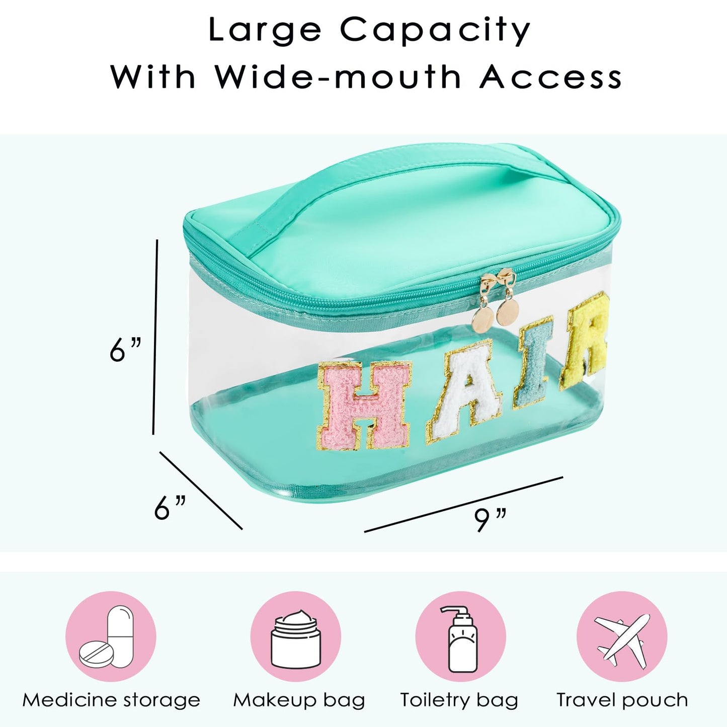 Personalized Chenille Letter Clear Hair Makeup Bag, Large Size Waterproof Nylon Cosmetic Toiletry Storage bag with Top Handle, Transparent Meds Hair Travel Organizer Cosmetic Bag(05Hair-Green)