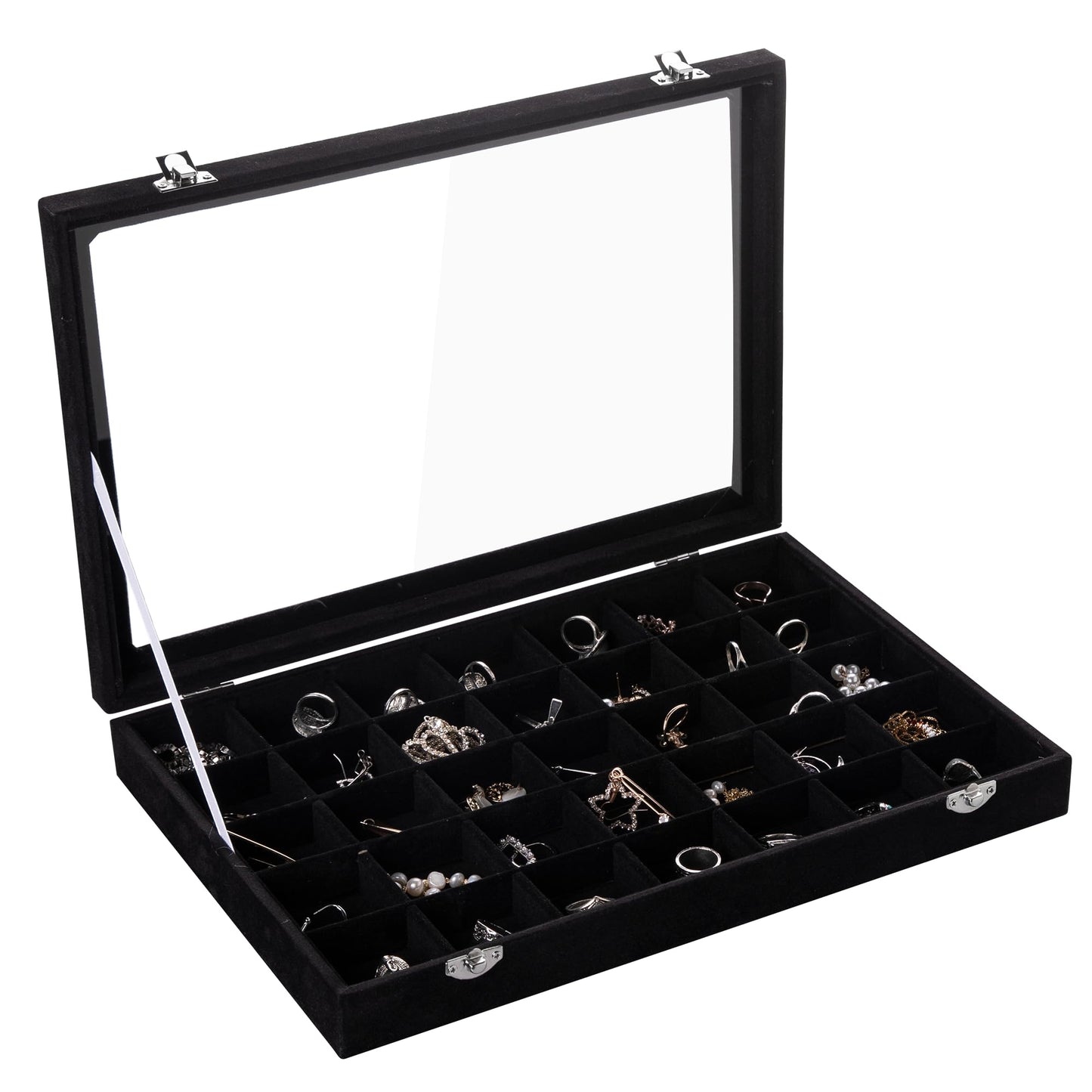 Frebeauty Velvet Jewelry Tray,35 Grid Jewelry Organizer with Clear Lid,Earring Holder Organizer Case with Clasp,Drawer Insert for Rings Studs,13.8 x 9.5 x 2 Inches,Gift for Women Girls(Black)