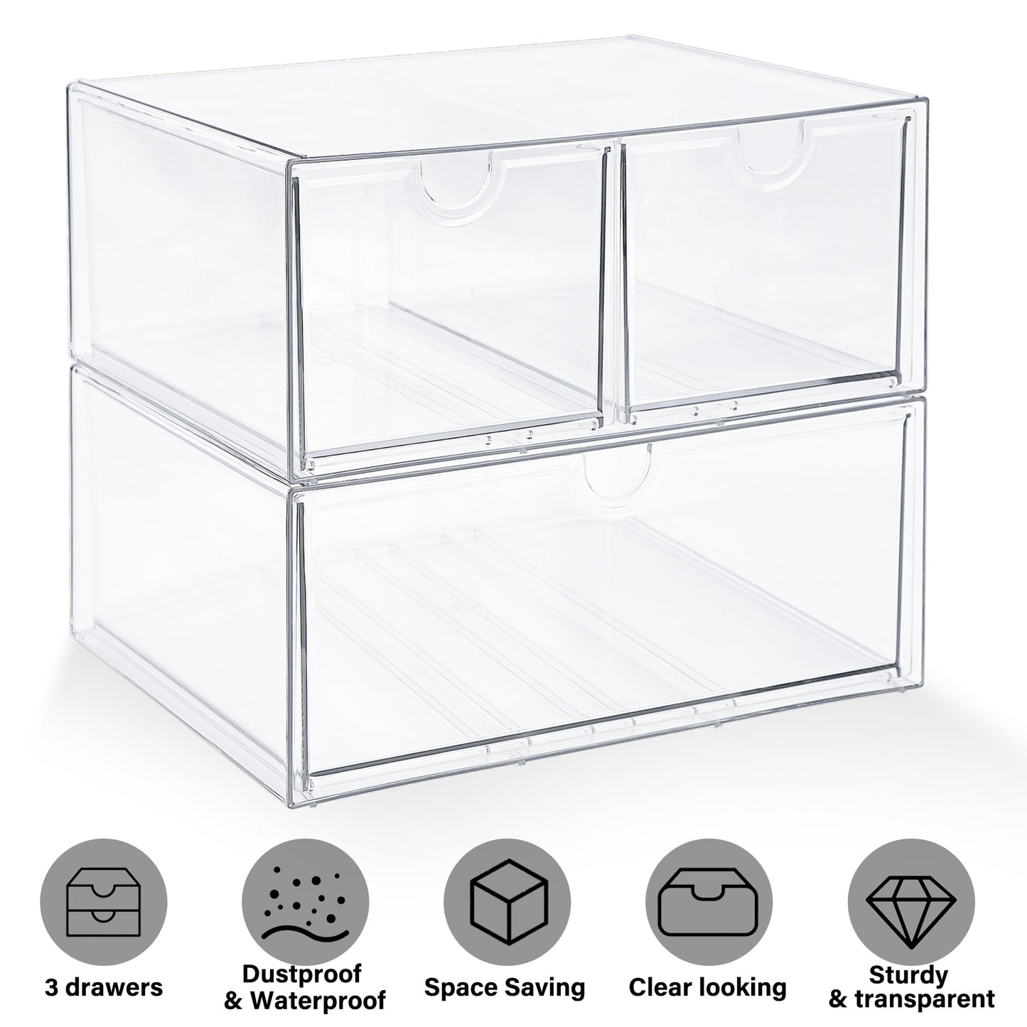 Prsildan Acrylic Drawer Makeup Organizer with 3 Drawers, Clear Stackable Storage for Baby Bottles, Craft, Jewelry & Hair Accessories, Multi-Use for Vanity, Countertop, Office Desk Organization