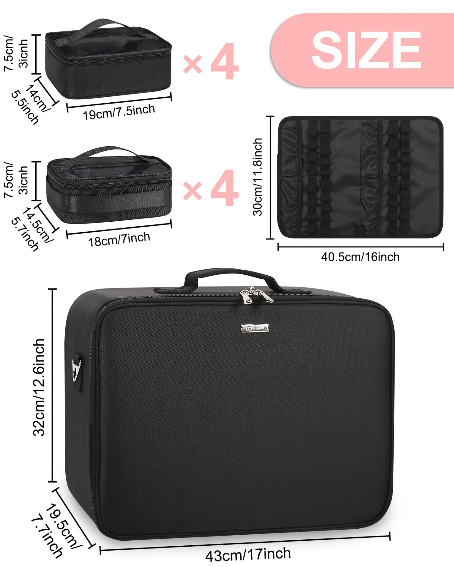 Relavel Extra Large Makeup Case Professional Cosmetic Storage Organizer Box Brush Holder with 8 Clear Set Bags & Lipstick Plate for Makeup Artists with Shoulder Strap & Adjustable Dividers