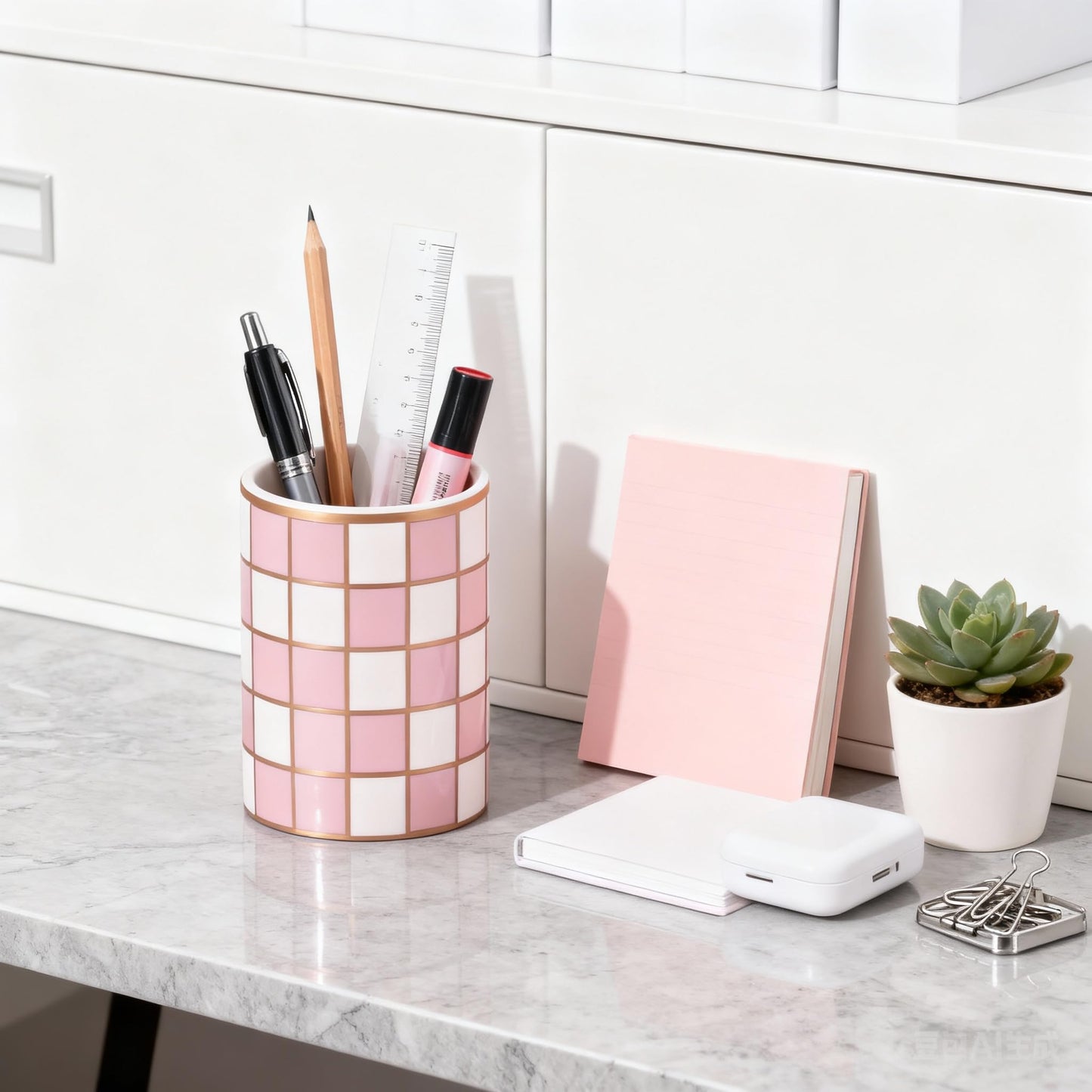 XYQXYQ Ceramic Checkered Pen Holder For Desk,Cute Stand Black And White Pencil Cup,Durable Ceramic Pencil Cup, Decorative Makeup Brush Holder Cup, Stationery Holder for Office, School, Home (Pink)
