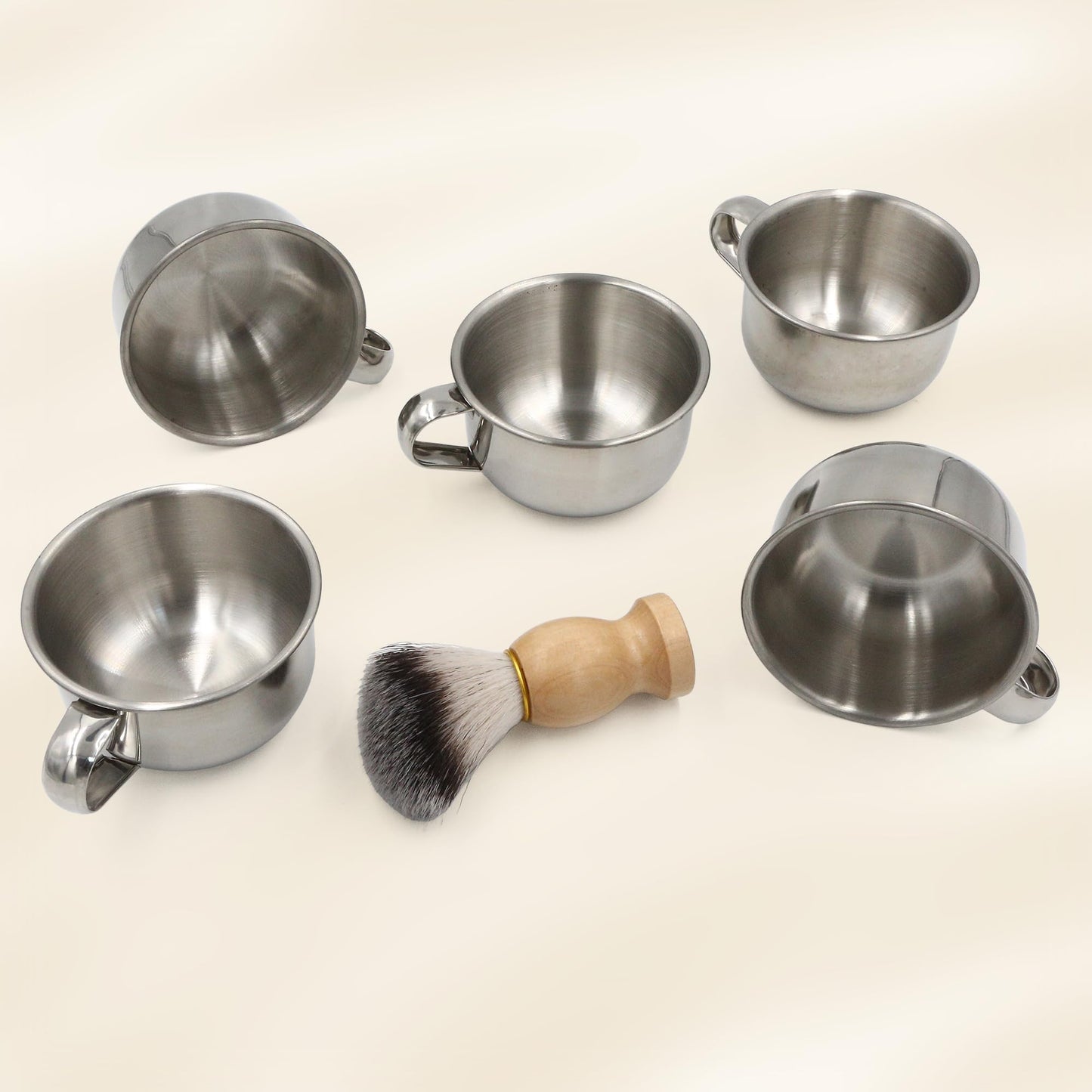 5PCS Shaving Soap Bowl with Beard Brush, 3.4inch Stainless Steel Mug Dish