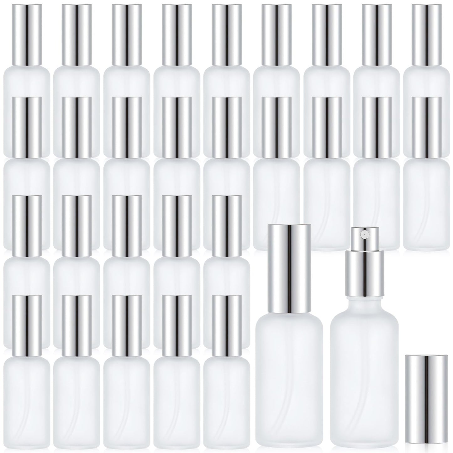 Roshtia 30 Pcs Glass Spray Bottle Clear Empty Bottles Small Refillable Reusable Perfume Bottle with Fine Mist Sprayer Pump for Face Body Travel(1.69 oz,Silver)
