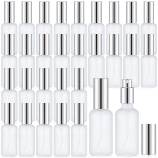 Roshtia 30 Pcs Glass Spray Bottle Clear Empty Bottles Small Refillable Reusable Perfume Bottle with Fine Mist Sprayer Pump for Face Body Travel(1.69 oz,Silver)