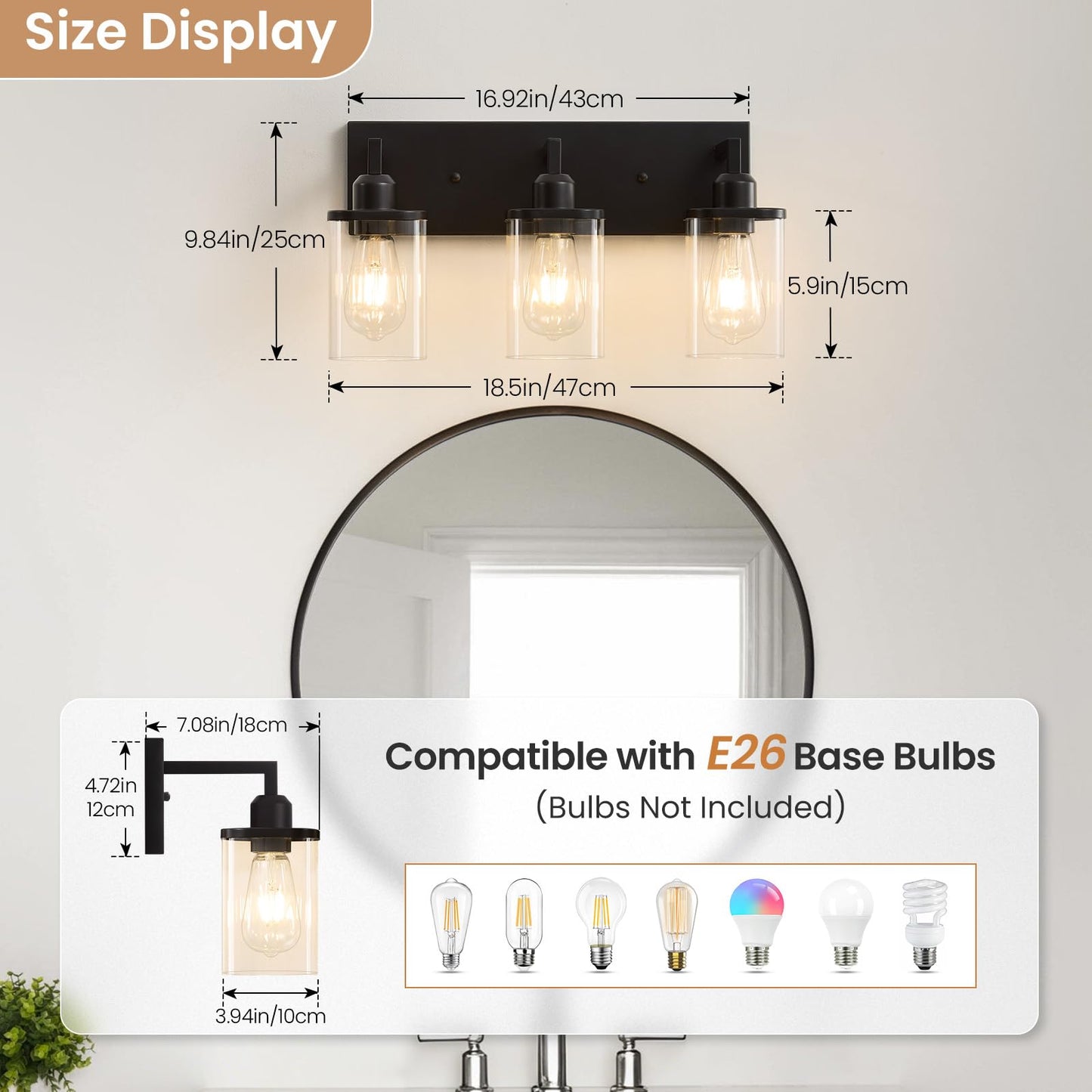 Ablwigh 3-Light Bathroom Vanity Light Fixtures, Modern Matte Black Bathroom Lighting Fixtures Over Mirror with Square Clear Glass Shades, Bath Wall Sconce Lights for Dressing Table, Bedroom, Hallway
