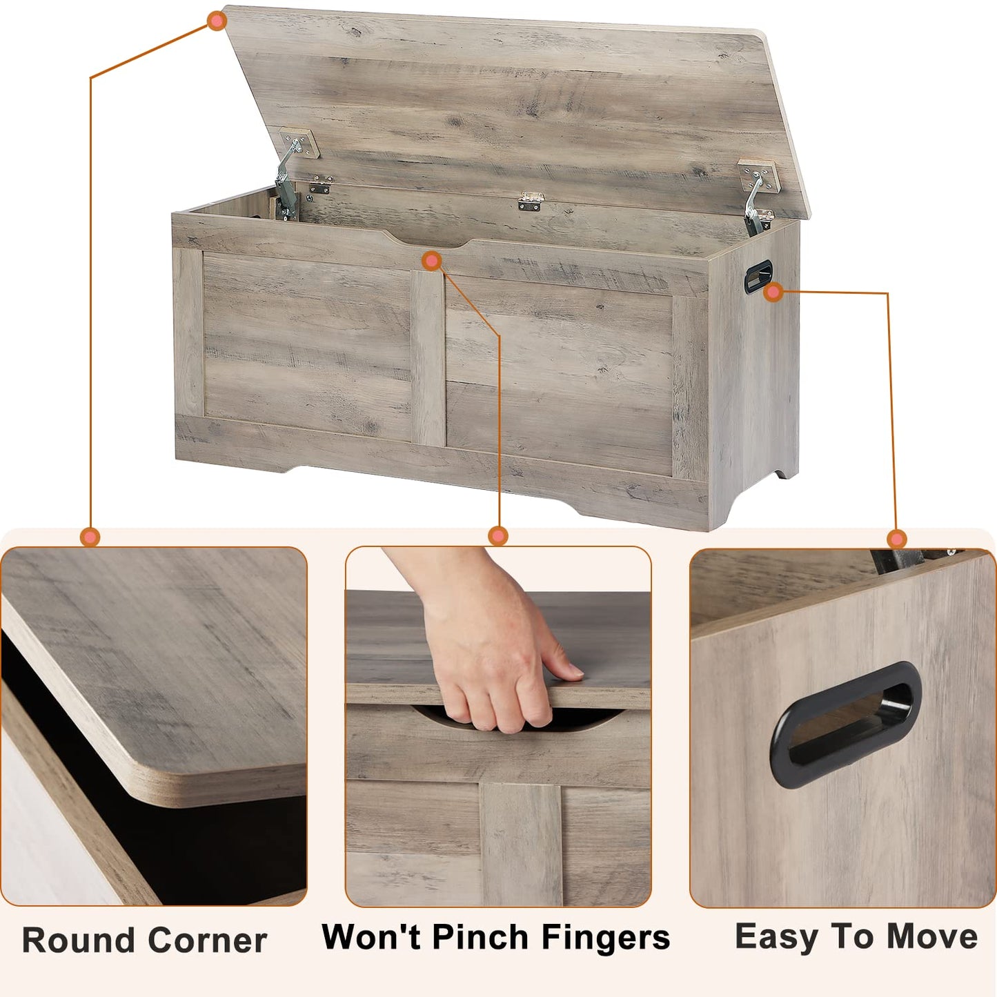 Timberer 39.4" Storage Chest, Wooden Storage Bench, Lift Top Toy Chest with 2 Safety Hinges, Large Toy Box, Entryway Bench for Living Room, Bedroom, Grey