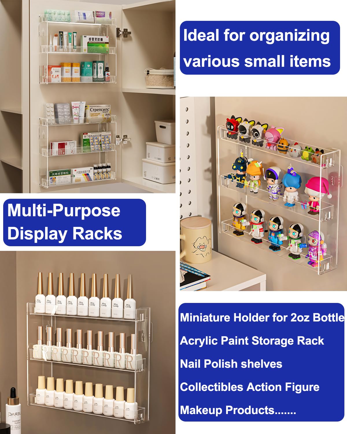 Cocheetah 3 Tier Display Rack, Clear Paint Rack Wall-Mount (No Drill), Acrylic Craft Paint Storage Organizer, Miniature Holder for 2oz Bottle, Nail Polish Organizer, Badges, Mini Figures (1)