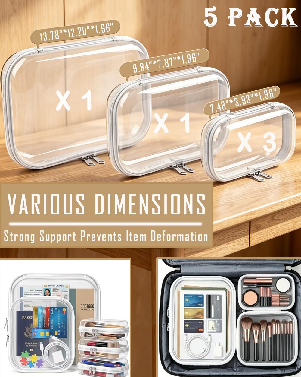 WARM EF 5 Pack Clear Zipper Pouches Set, Hard Shell Zipper Case for Travel, Transparent Toiletry Bag Organizer, Cosmetic Makeup Bag, Portable Travel Organizer for Toiletries, Cables, Accessories