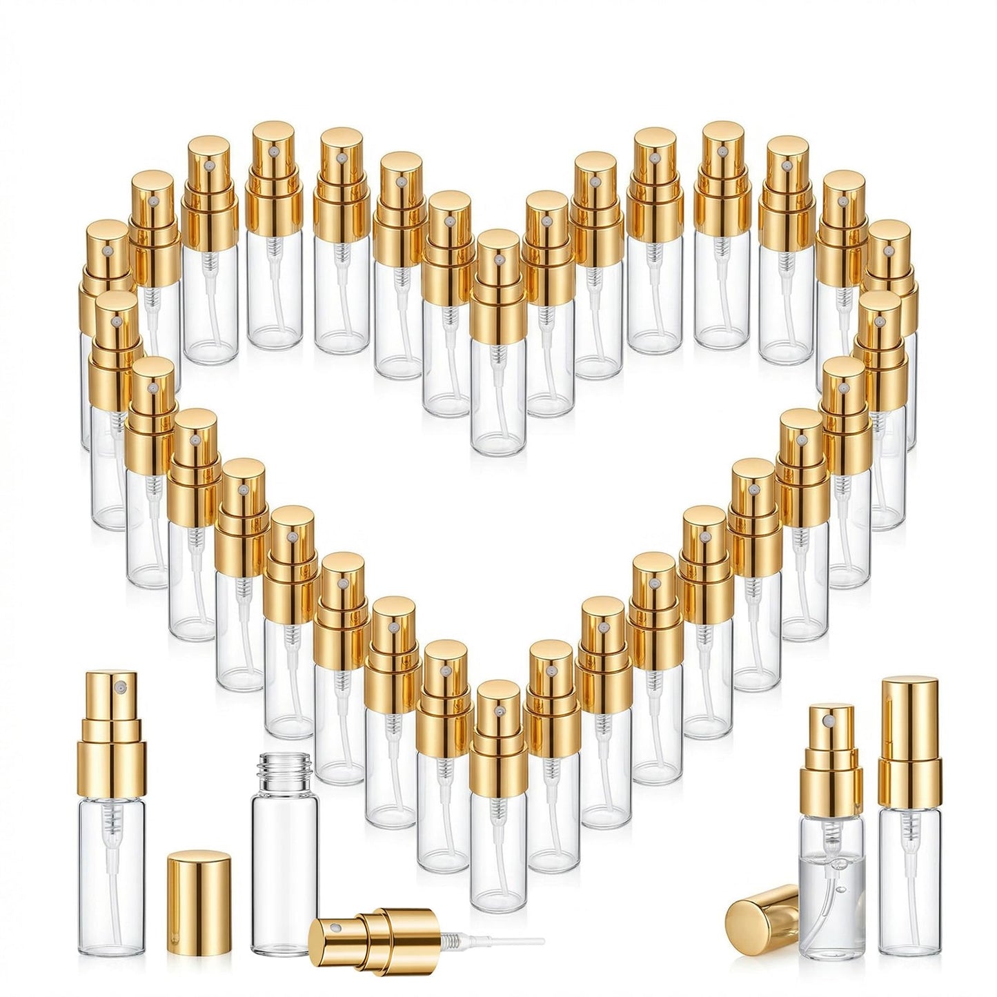 50 Pack 3ml Empty Mini Glass Spray Bottle,Mini Clear Spray Vials Portable Travel Sample Containers Glass Fine Mist Perfume Atomizer Empty Refillable Perfume Bottles with Gold Lids for Cleaning, Travel