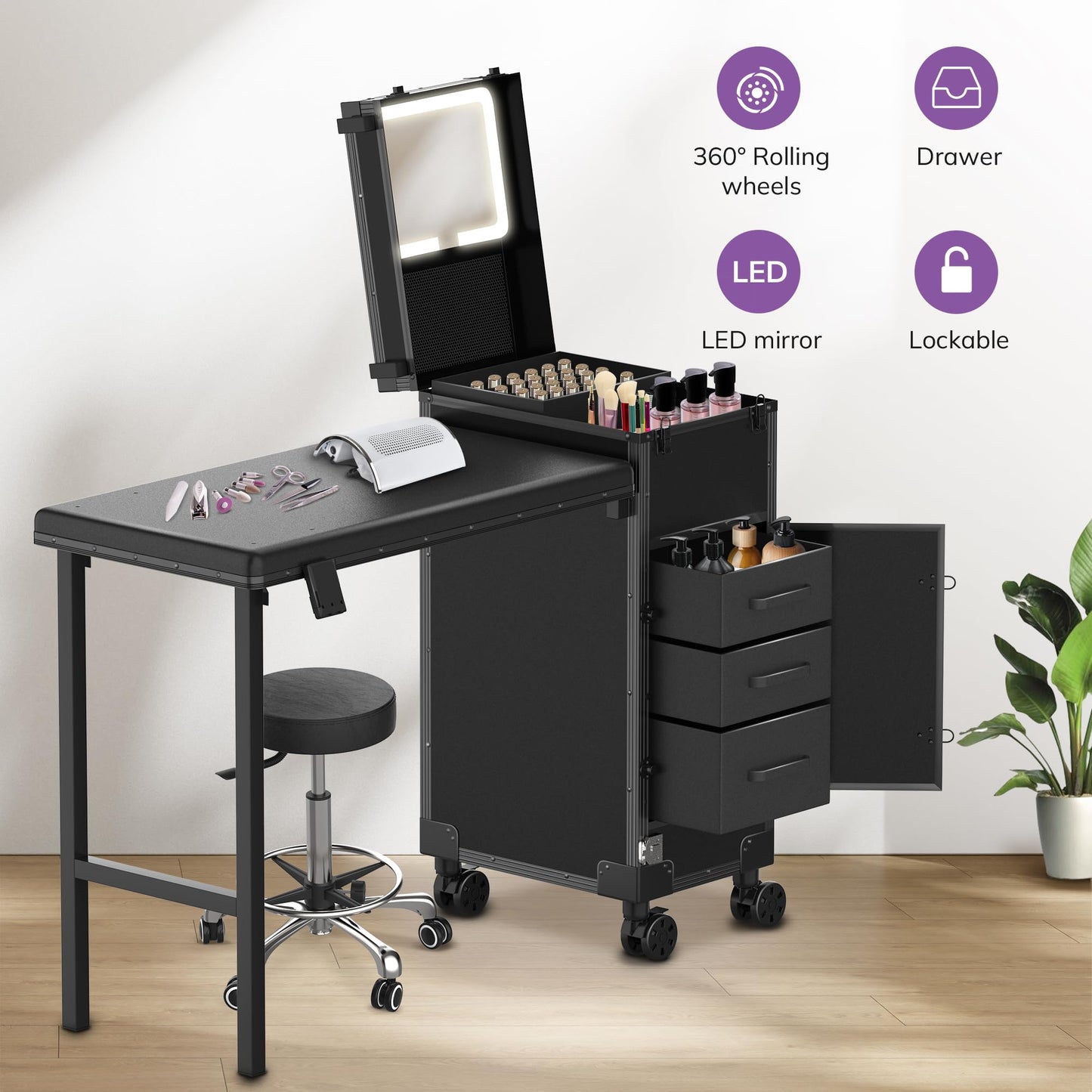 EASYINBEAUTY Rolling Portable Manicure Table with 3 Storage Drawers & Mirror, Lockable Makeup Train Case with Foldable Nail Desk- Cosmetic Travel Case for Mobile Nail Tech & Beauty Salon (Black)