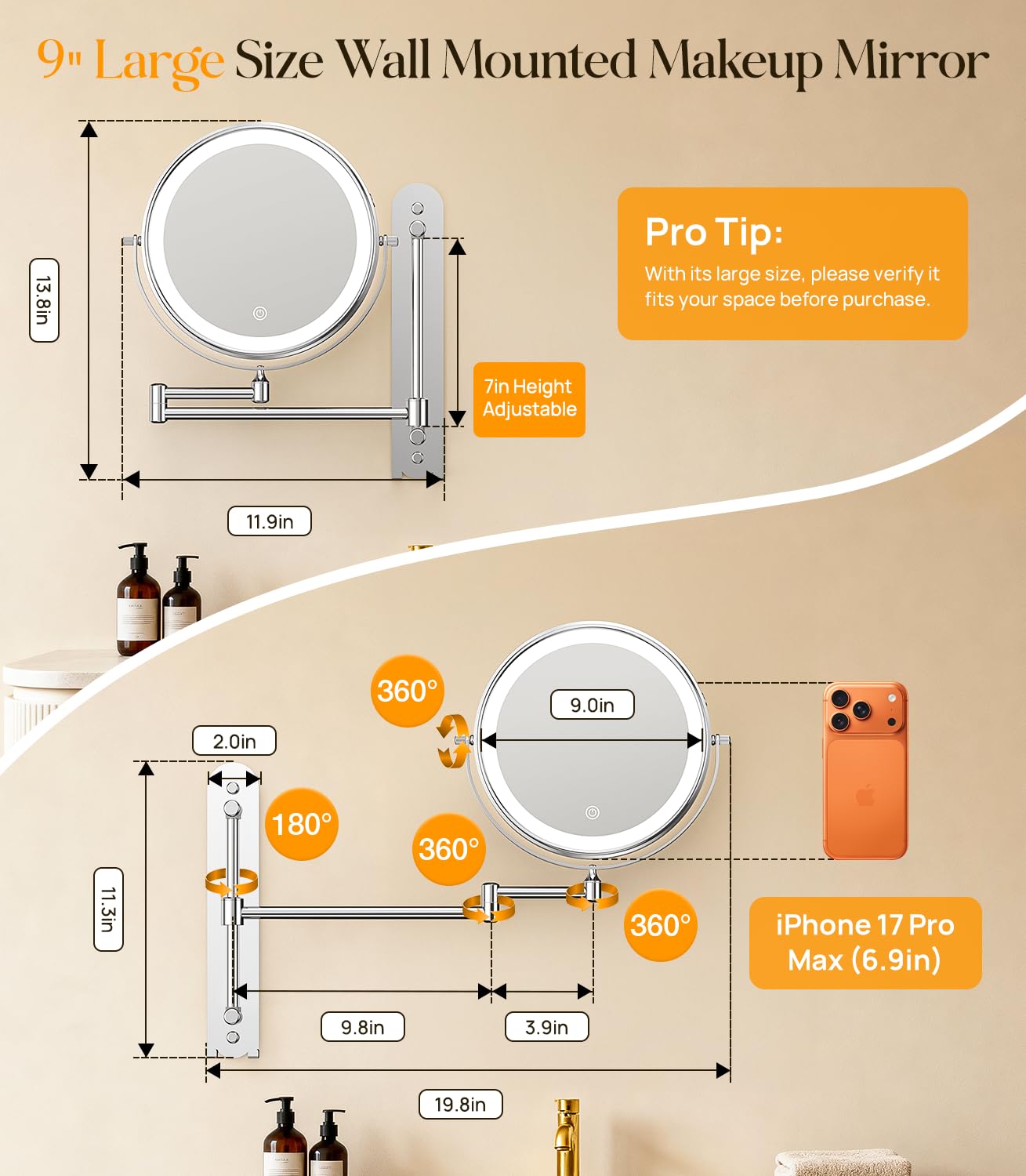 Gospire 9” Wall Mounted Makeup Mirror with Magnification 10X, 7in Height Adjustable Vanity Lighted Mirrors for Bathroom Wall, 360° Extended Arm Shaving Wall Mirror with Lights - Chrome