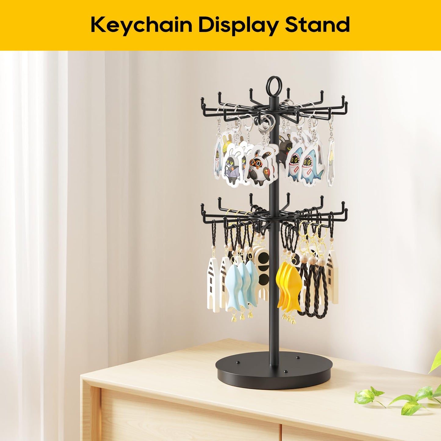 ORLESS 2 Tier Rotating Jewelry Display Stand, Keychain Display Stand with 24 Hooks, Black Metal Retail Display Spinning Holder for Vendor, Spinning Display Rack for Necklace Bracelet Earring Organizer