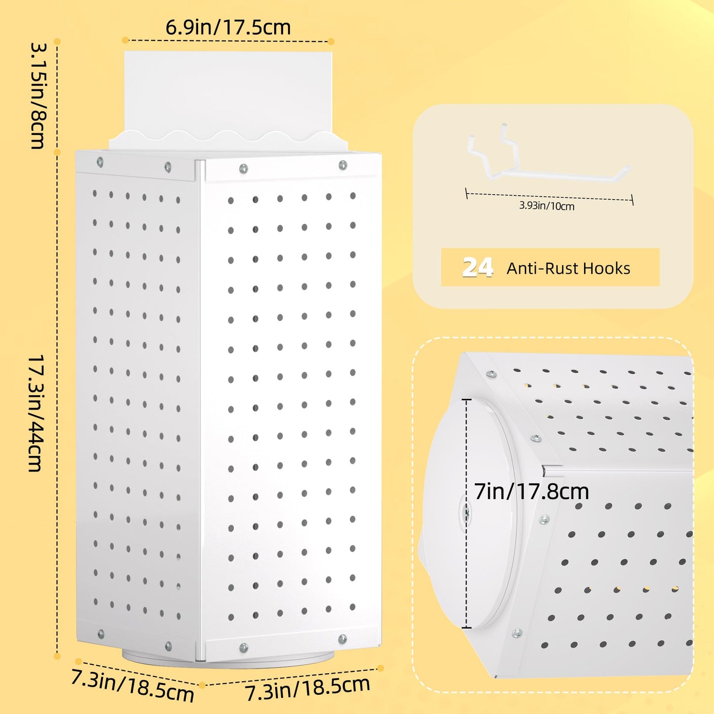 Urban Deco 360° Rotating Pegboard Display Stand with Signage, 4-Sided Spinning Peg Board Stand with 24 Hooks for Jewelry, Earring & Keychain Holder Displays for Craft Shows & Vendor Events (White)