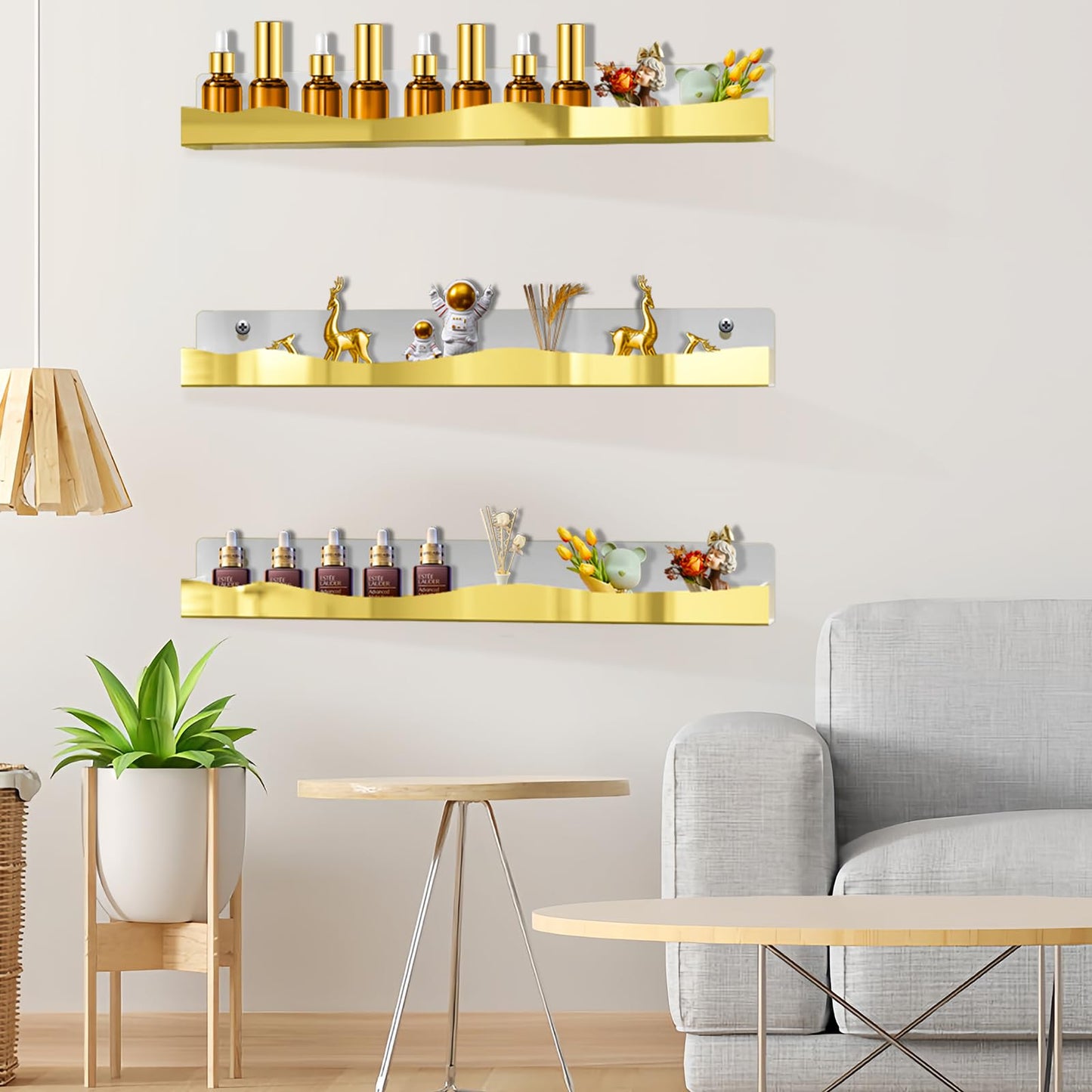 6 Pack Wall Mounted Acrylic Nail Polish Organizer Rack 15 Inch Gold Mirror Nail Polish Shelf with Removable Ends Multi-Purpose Shelf for Essential Oils Cosmetics Storage Display for Salon Bathroom