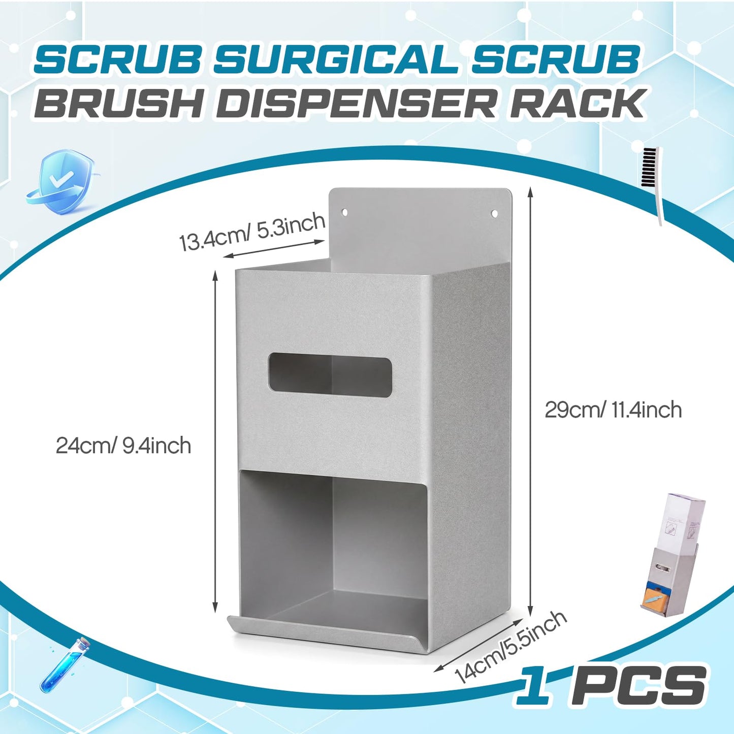 Singhoow Surgical Scrub Brush Dispenser Rack, Medical Wall Mount Stainless Steel Holder with Observation Window and Screws Rust Proof Simple Install Operating Room Medical Station, Gray, 11.4×5.5 in
