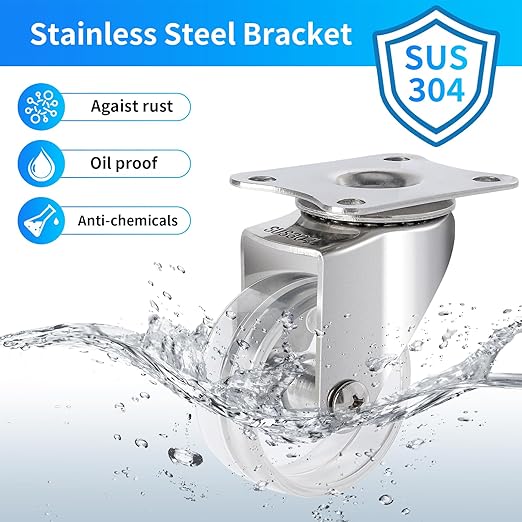 2 Inch Stainless Steel Casters, Crystal Clear Caster Wheels with Double Brake, Rust Resistant Waterproof Outdoor Swivel Castors Set of 4 for Furnitures, Labs, Hospitals, Restaurants