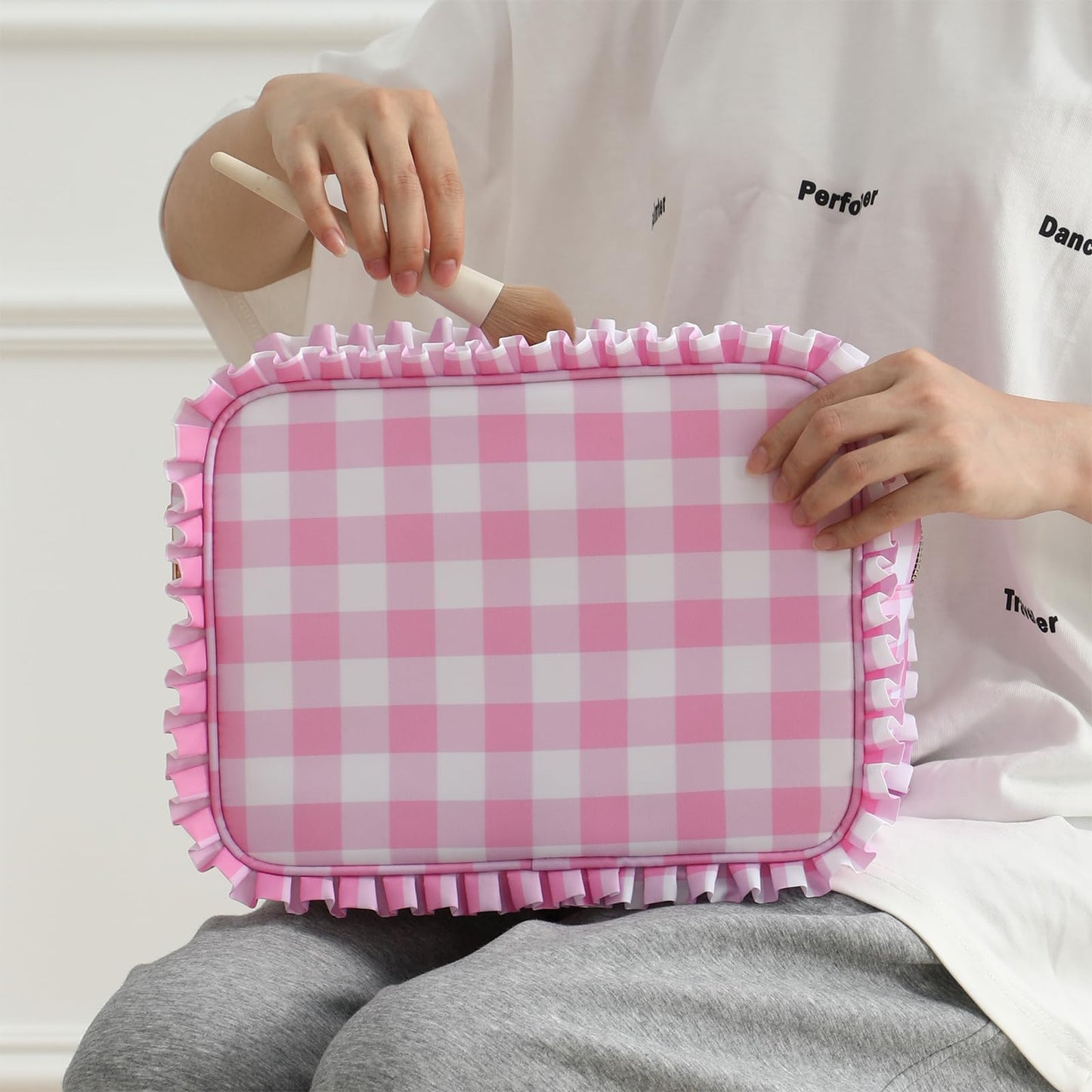 EMBRUNIOICE Gingham Ruffle Makeup Bag,Large Travel Cute Cosmetic Bag for Women Girls,Toiletry Bag Make up Organizer 10.8 x 4.5 x 8 inch (Pink Gingham)