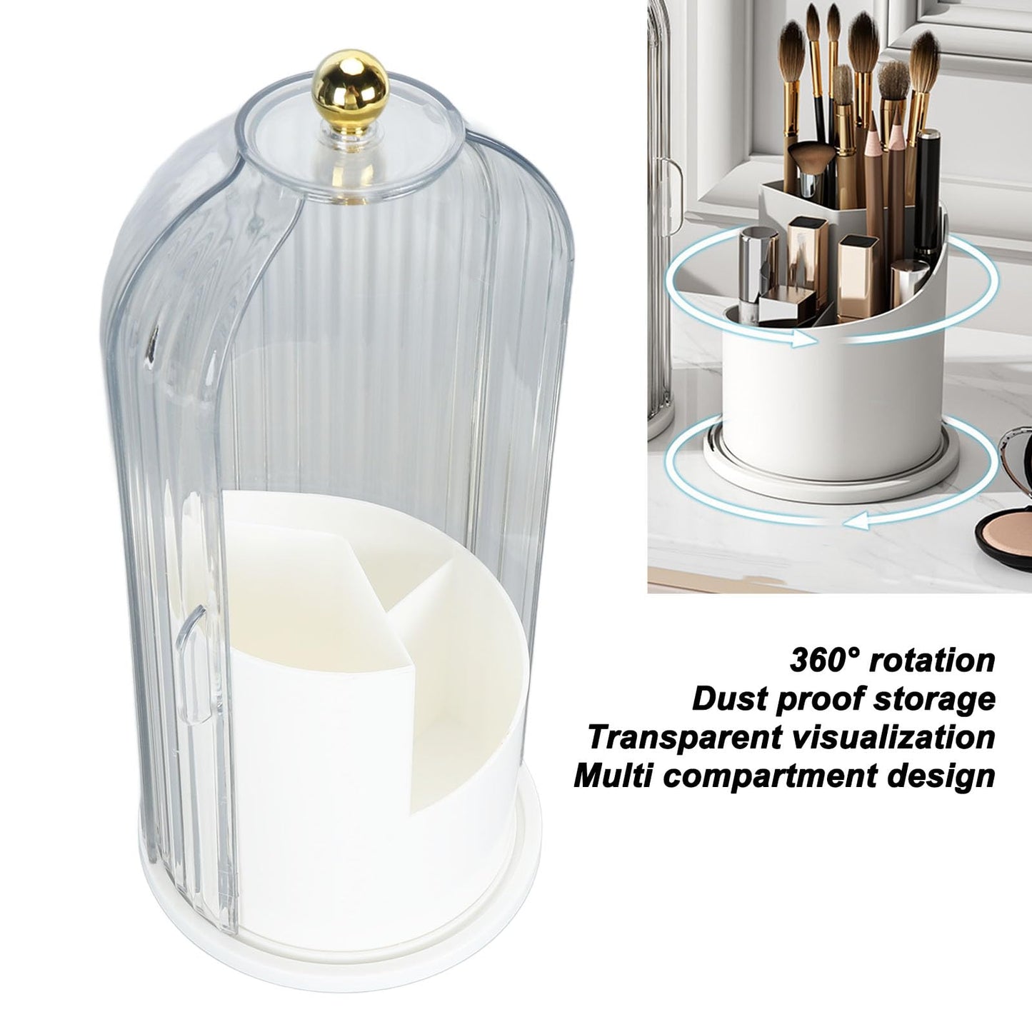 Miriam Song Clear Dustproof 360 Degree Rotating Makeup Brush Holder Organizer, Ideal for Vanity, Desktop, Bathroom Countertop, Includes Toothbrush Holders (White Base with Clear Lid)