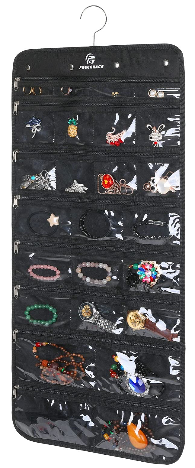 Freegrace Hanging Jewelry Organizer with Secure Zipper Closure - 360° Revolving Hanger, 25 Clear Pockets, 23 Necklace Hooks - Foldable Travel Storage & Closet Display (Black)