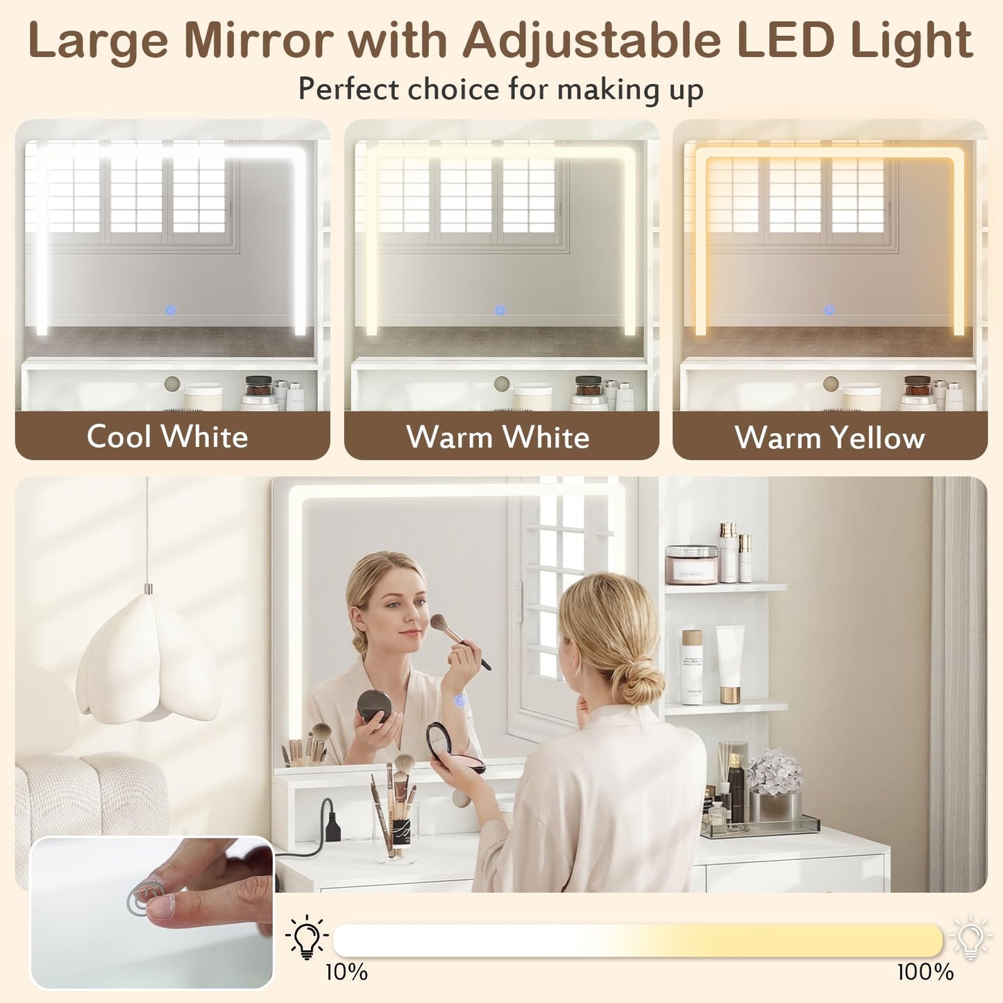 CHARMAID Vanity Desk with LED Mirror and Lights, Charging Station, 4 Drawers, Storage Cabinet & Shelves, Hair Dryer Holder, Modern Makeup Dressing Table with Stool for Bedroom, White & Gold