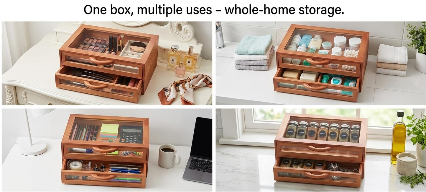 MXWLEIEL Wood Stackable Storage Drawers,Clear Lid Acrylic Makeup Organizer for,Desk Organizers, Beauty Supplies,Makeup Palettes,Home Organization (2, Wooden Orange)