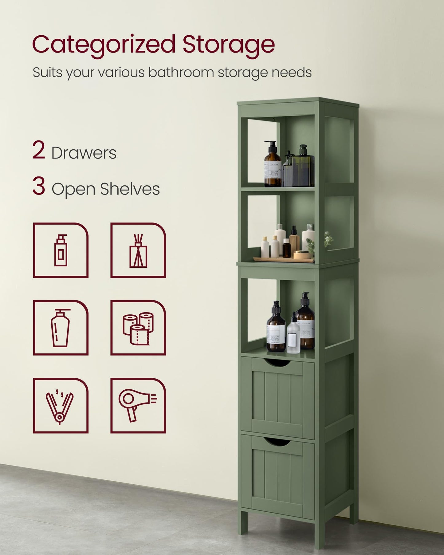 VASAGLE Storage Cabinet, Storage Organizer Rack Stand for Bathroom, Living Room, Multifunctional Corner Unit, 2 Drawers, 55.7 Inches in Height, Forest Green UBBC066C01