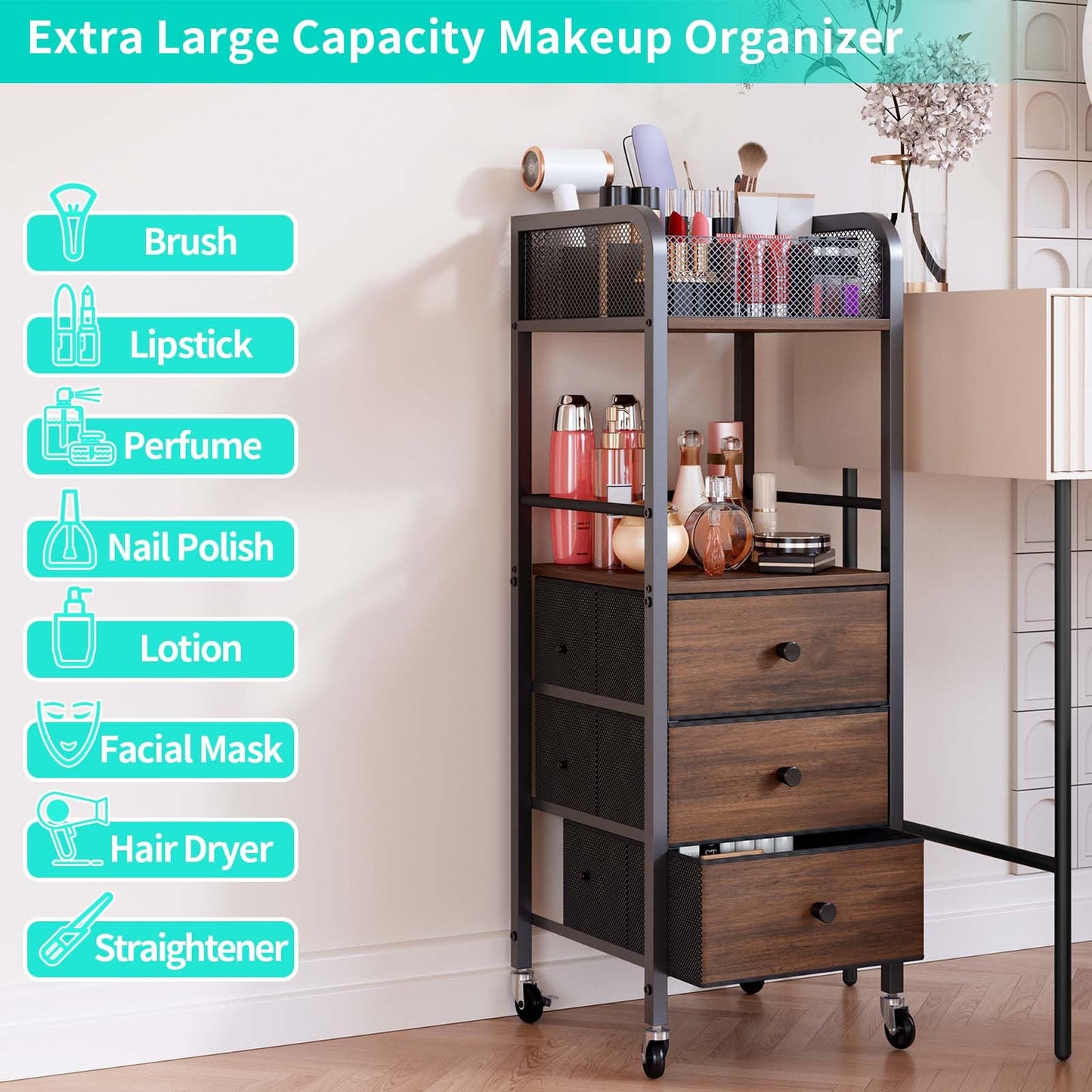 HapiRm Rolling Makeup Cart Organizer - Floor Skincare Make Up Storage with 3 Non-woven Fabric Drawers, Vanity Organizer Cosmetic Display Cases Holder for Skin Care Perfume Nail Polish Brush Hair Tool