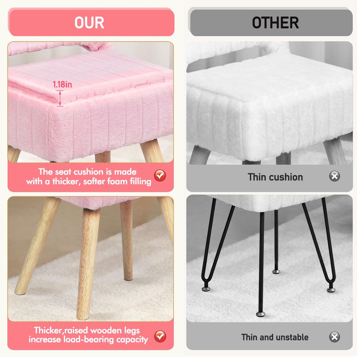 KANEODOT Vanity Stool with Storage & Folding Backrest,Faux Rabbit Fur Small Makeup Chair with 4 Solid Wood Legs,11.4" D x 14.9" W x 28.7" H,Soft Ottoman for Living Room,Bedroom,Closet,Pink