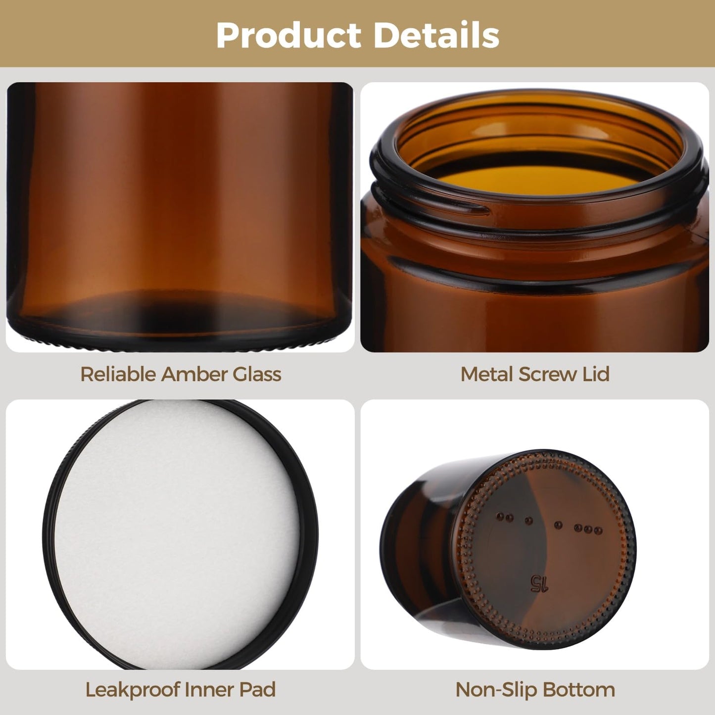 15 PCS 5 oz Amber Glass Jars with Lids - Round Brown Glass Container with Metal Lid, Small Airtight Glass Containers for Cream Lotion Powder Beauty Products, Leakproof Empty Cosmetic Travel candle Jar