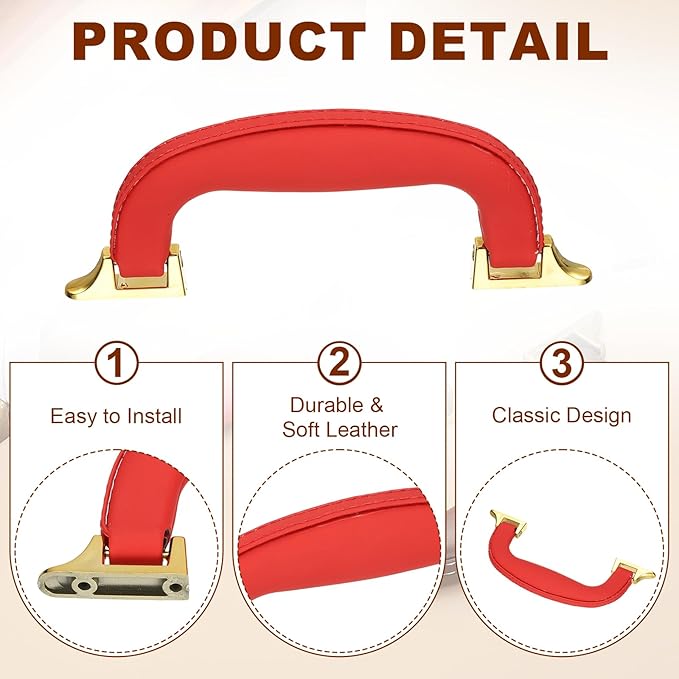 uxcell PU Leather Luggage Handle, 0.9" Hole Distance Vintage U-Shape Replacement Strap Handle for Travel Handbag Guitar Musical Box Gift Boxes, Red/Gold