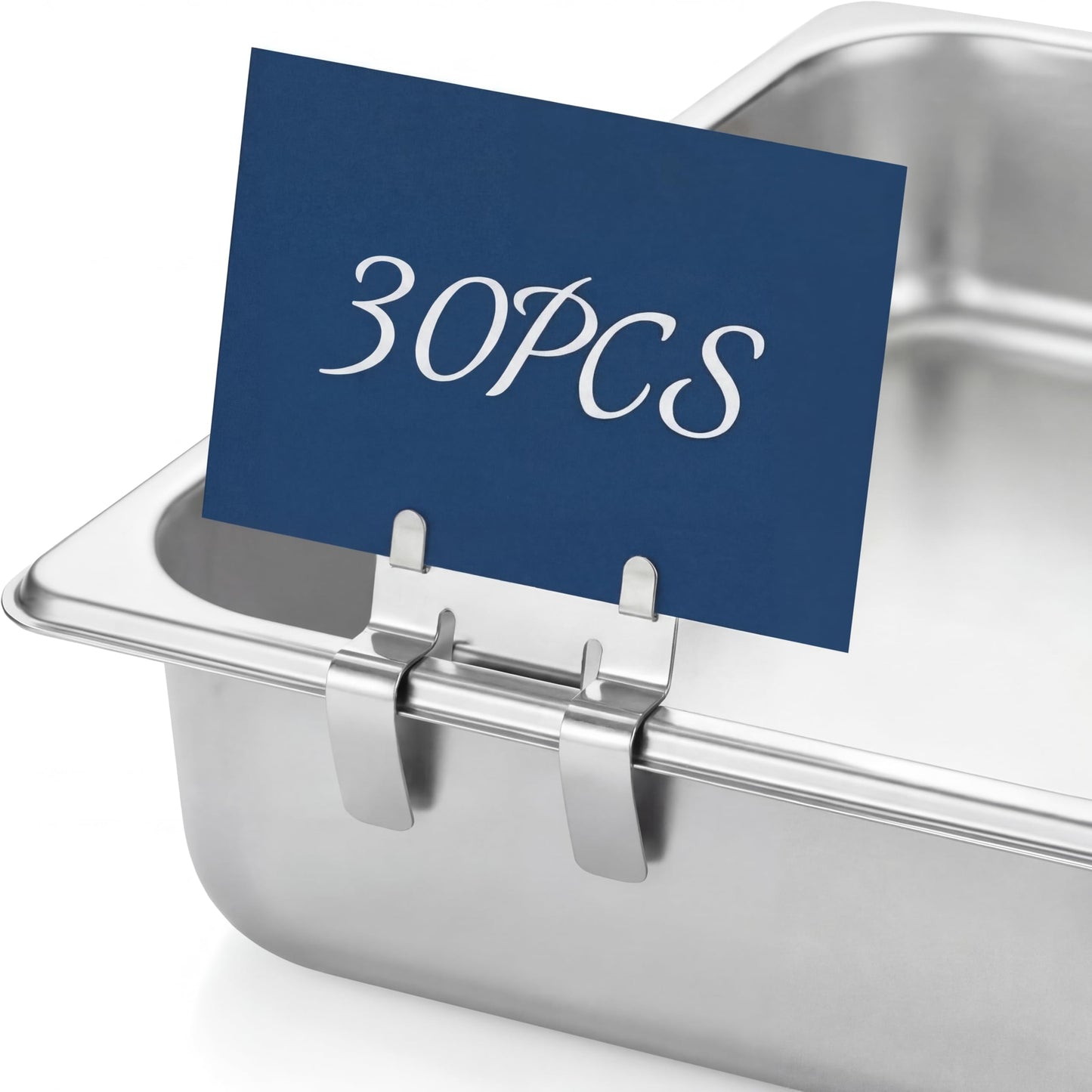 Otoolling 30 Pack Stainless Steel Pan Clips Metal Food Tray Label Sign Holder Clip on Buffet Label Holder for Bake Shops Retail Merchandise Restaurant Display