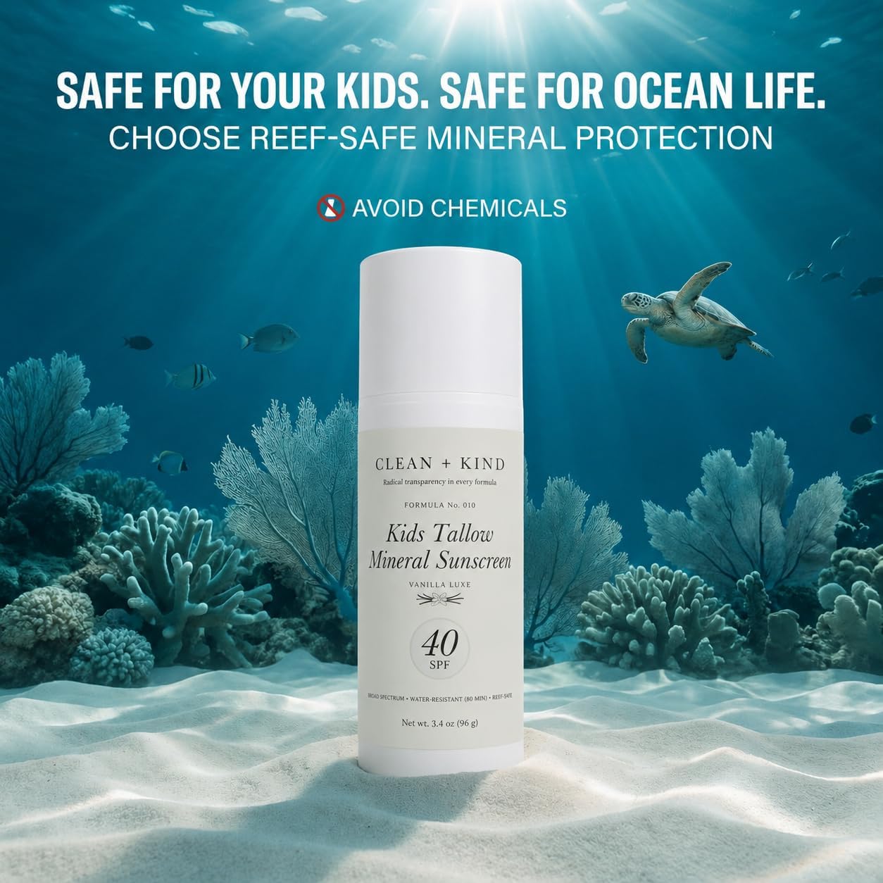 Clean + Kind Kids Sunscreen Mineral SPF 40 Twin Pack — Non Toxic Baby & Toddler Sunblock Bundle with Non-Nano Zinc Oxide, Grass-Fed Tallow, Natural Reef-Safe Sun Lotion, No White Cast (Two 3.4 oz)