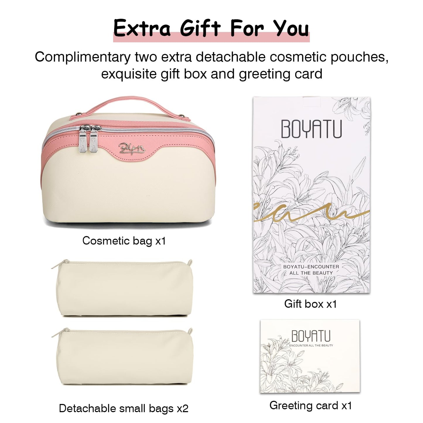 BOYATU Travel Makeup Bag Organizer Cosmetic Bag: 3 Pcs Set Make up Bags for Women with Handle - Waterproof Vegan Leather Toiletry Bags Travel Essentials Pouch with Compartments (A-08-White)
